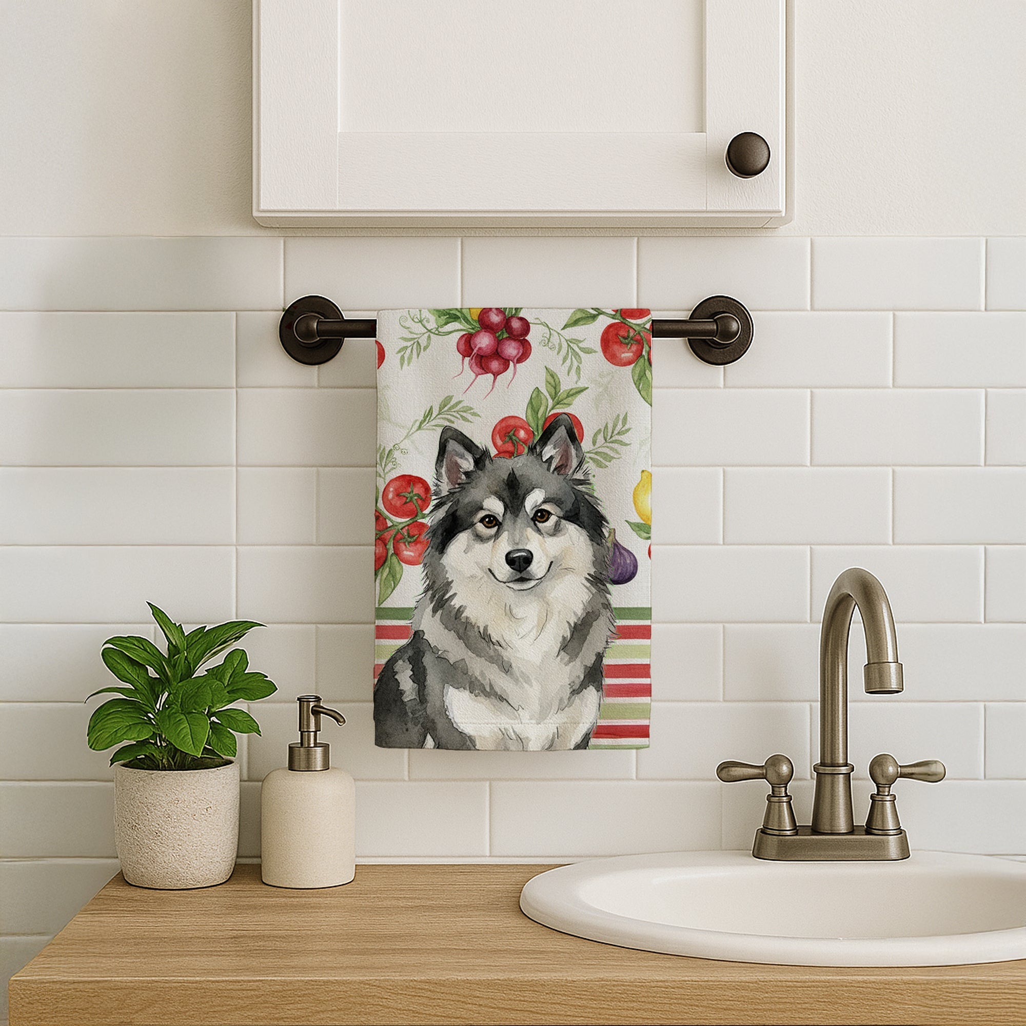 Keeshond Vegetables Kitchen Towel Velour Plush Front and Cotton Loop Back Machine Washable