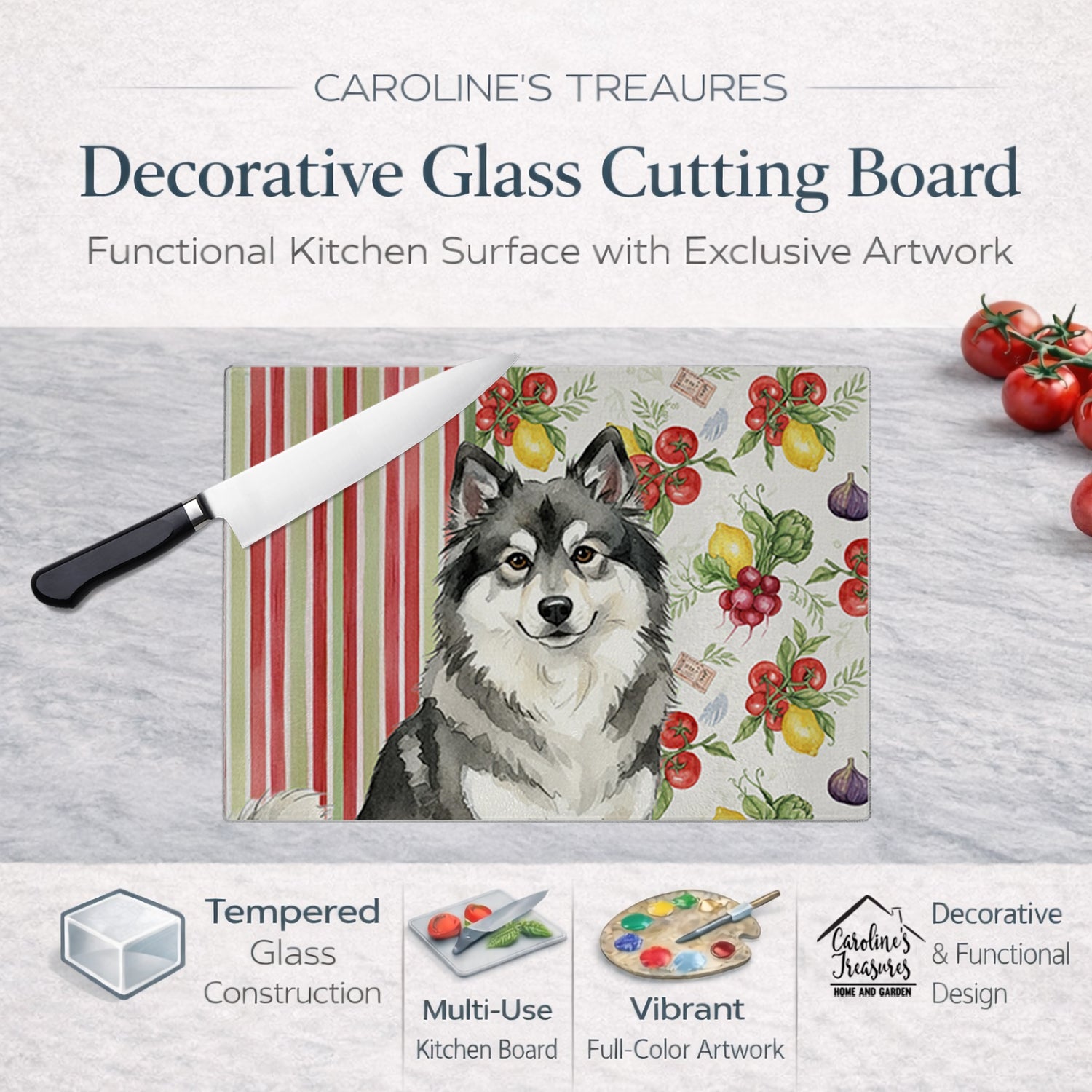 Keeshond Vegetables Cutting Board Tempered Glass Kitchen Cutting Surface, Heat Resistant Chopping, Non-Slip Feet, Food Prep & Serving