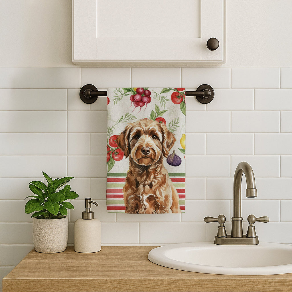 Chocolate Labradoodle Vegetables Kitchen Towel Velour Plush Front and Cotton Loop Back Machine Washable