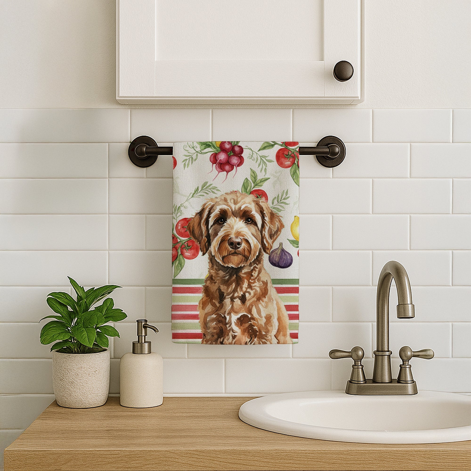 Chocolate Labradoodle Vegetables Kitchen Towel Velour Plush Front and Cotton Loop Back Machine Washable