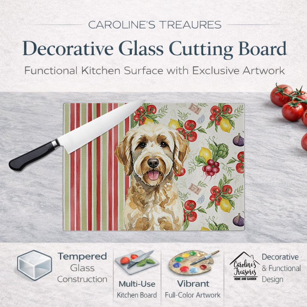 Labradoodle Vegetables Cutting Board Tempered Glass Kitchen Cutting Surface, Heat Resistant Chopping, Non-Slip Feet, Food Prep & Serving