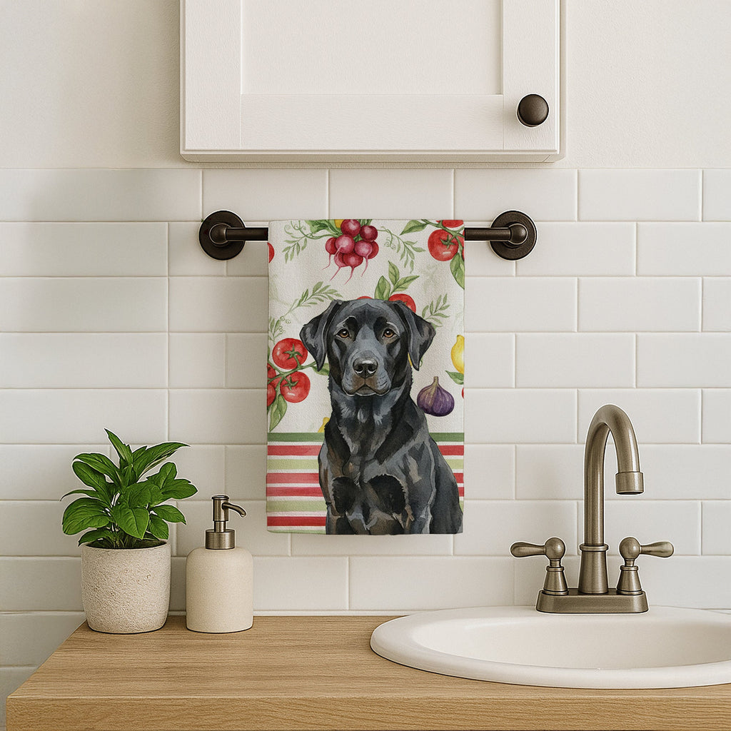 Black Labrador Retriever Vegetables Kitchen Towel Velour Plush Front and Cotton Loop Back Machine Washable