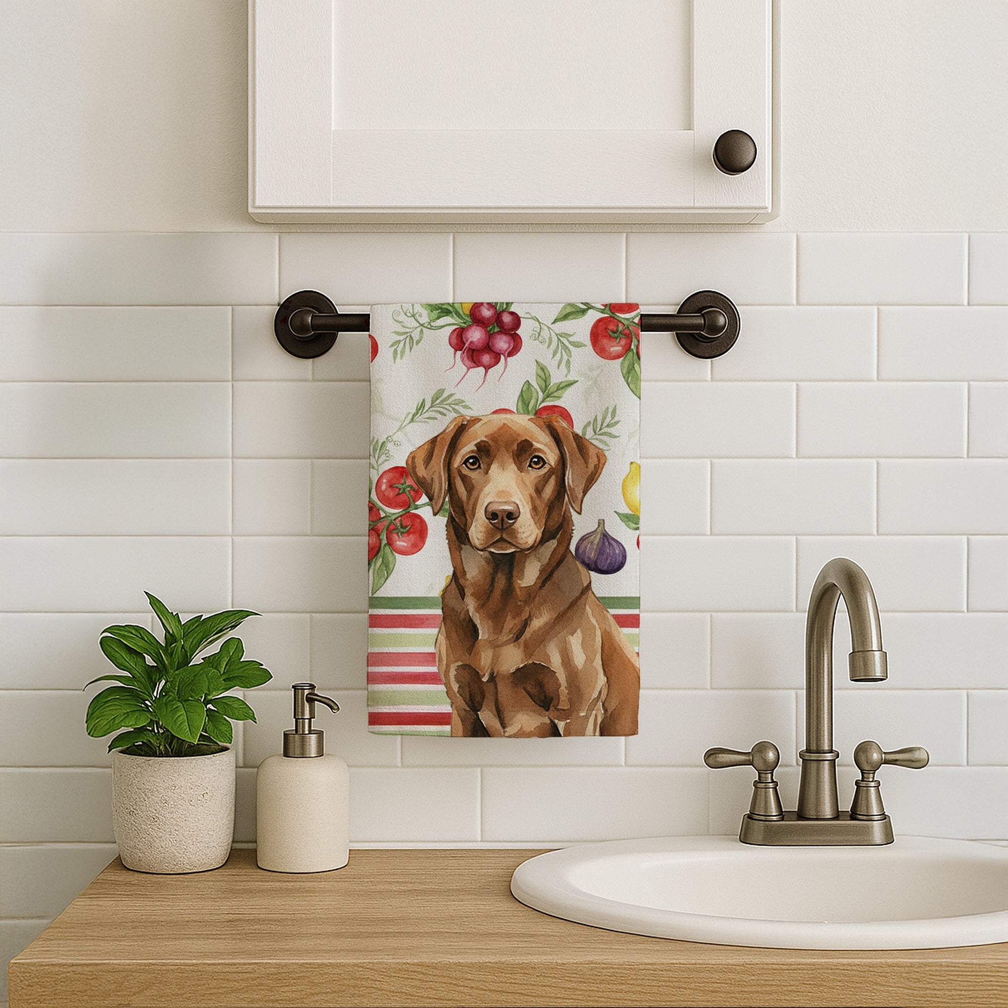 Chocolate Labrador Retriever Vegetables Kitchen Towel Velour Plush Front and Cotton Loop Back Machine Washable