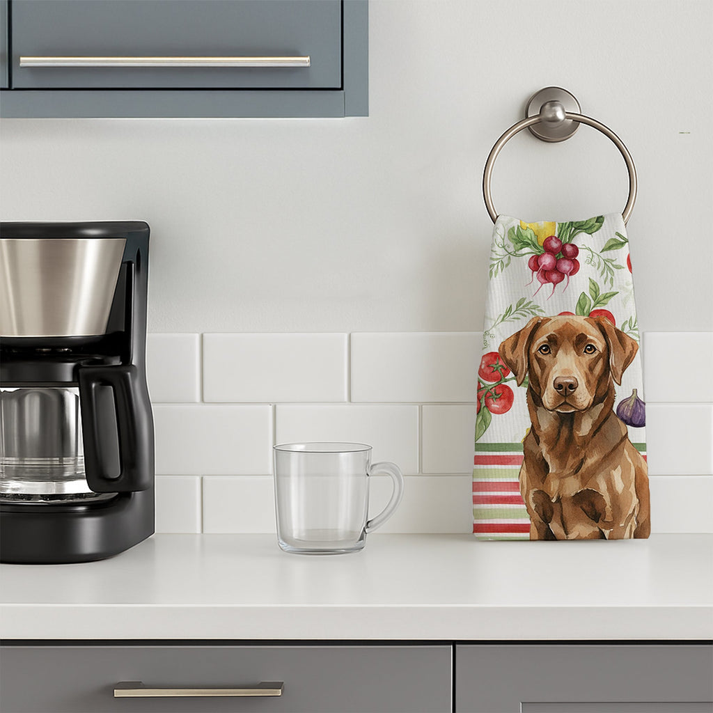 Chocolate Labrador Retriever Vegetables Kitchen Towel Velour Plush Front and Cotton Loop Back Machine Washable