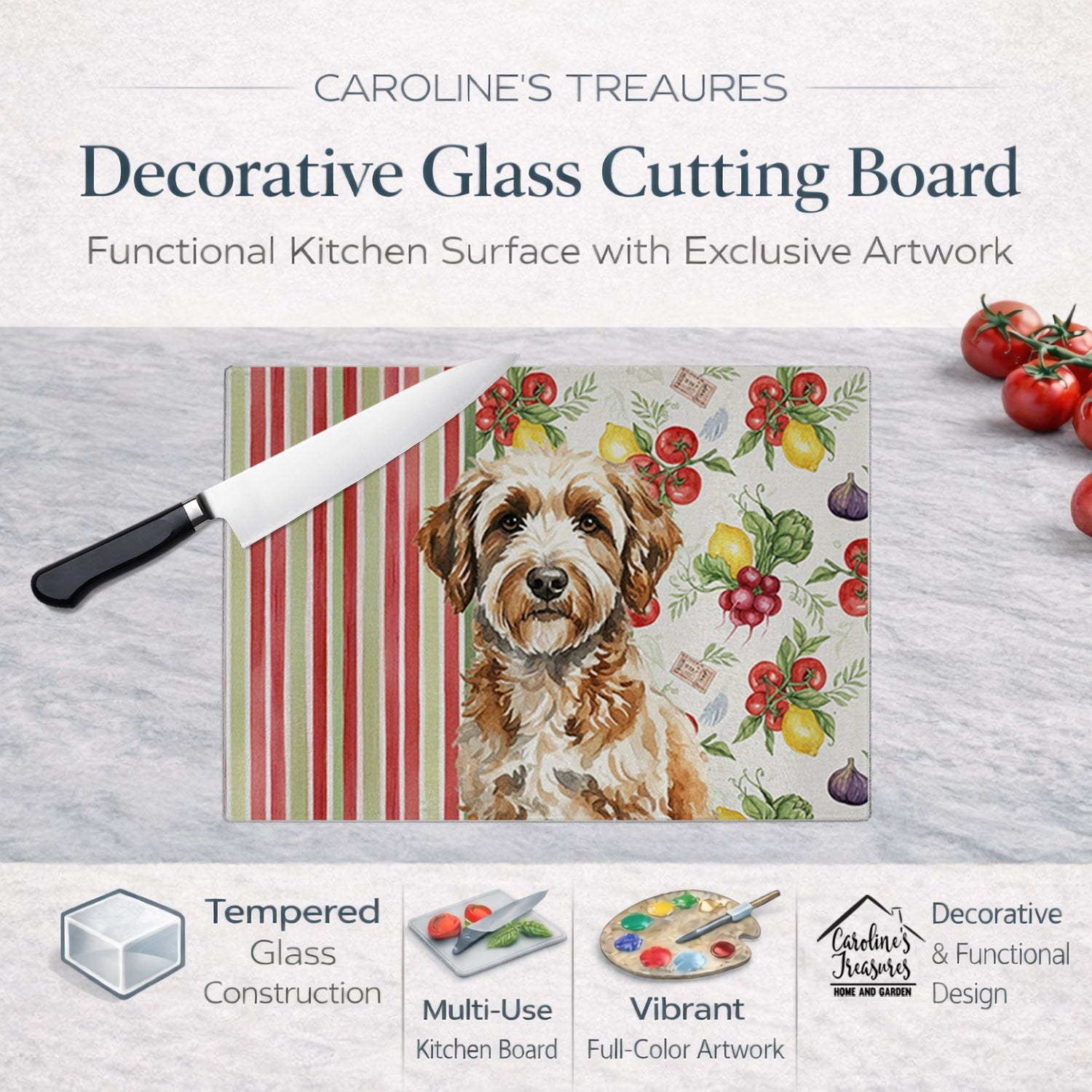 Lagotto Romagnolo Vegetables Cutting Board Tempered Glass Kitchen Cutting Surface, Heat Resistant Chopping, Non-Slip Feet, Food Prep & Serving