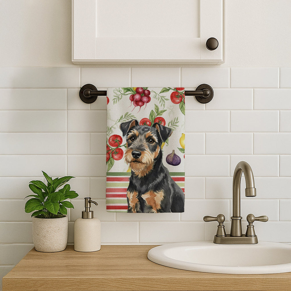 Black and Tan Lakeland Terrier Vegetables Kitchen Towel Velour Plush Front and Cotton Loop Back Machine Washable