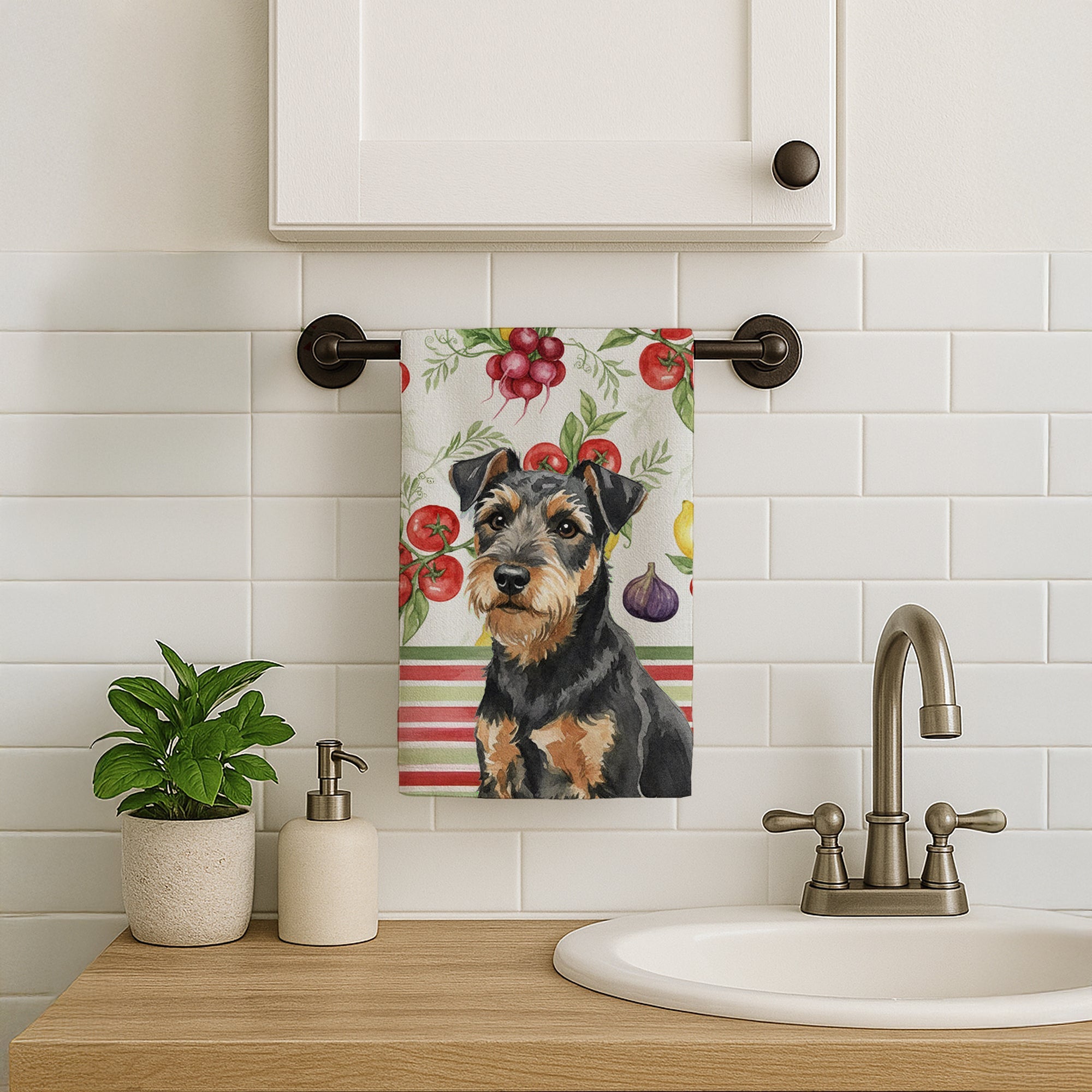 Black and Tan Lakeland Terrier Vegetables Kitchen Towel Velour Plush Front and Cotton Loop Back Machine Washable