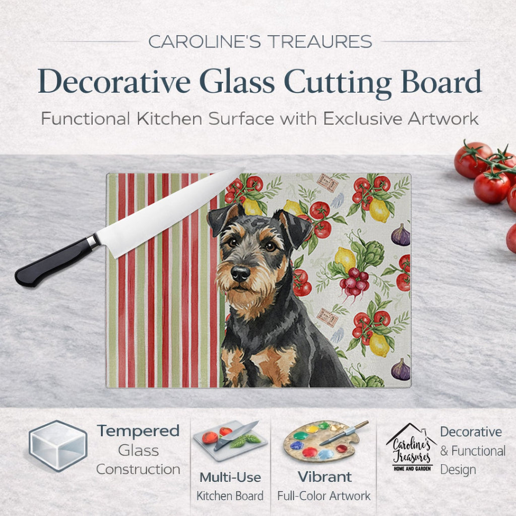 Black and Tan Lakeland Terrier Vegetables Cutting Board Tempered Glass Kitchen Cutting Surface, Heat Resistant Chopping, Non-Slip Feet, Food Prep & Serving