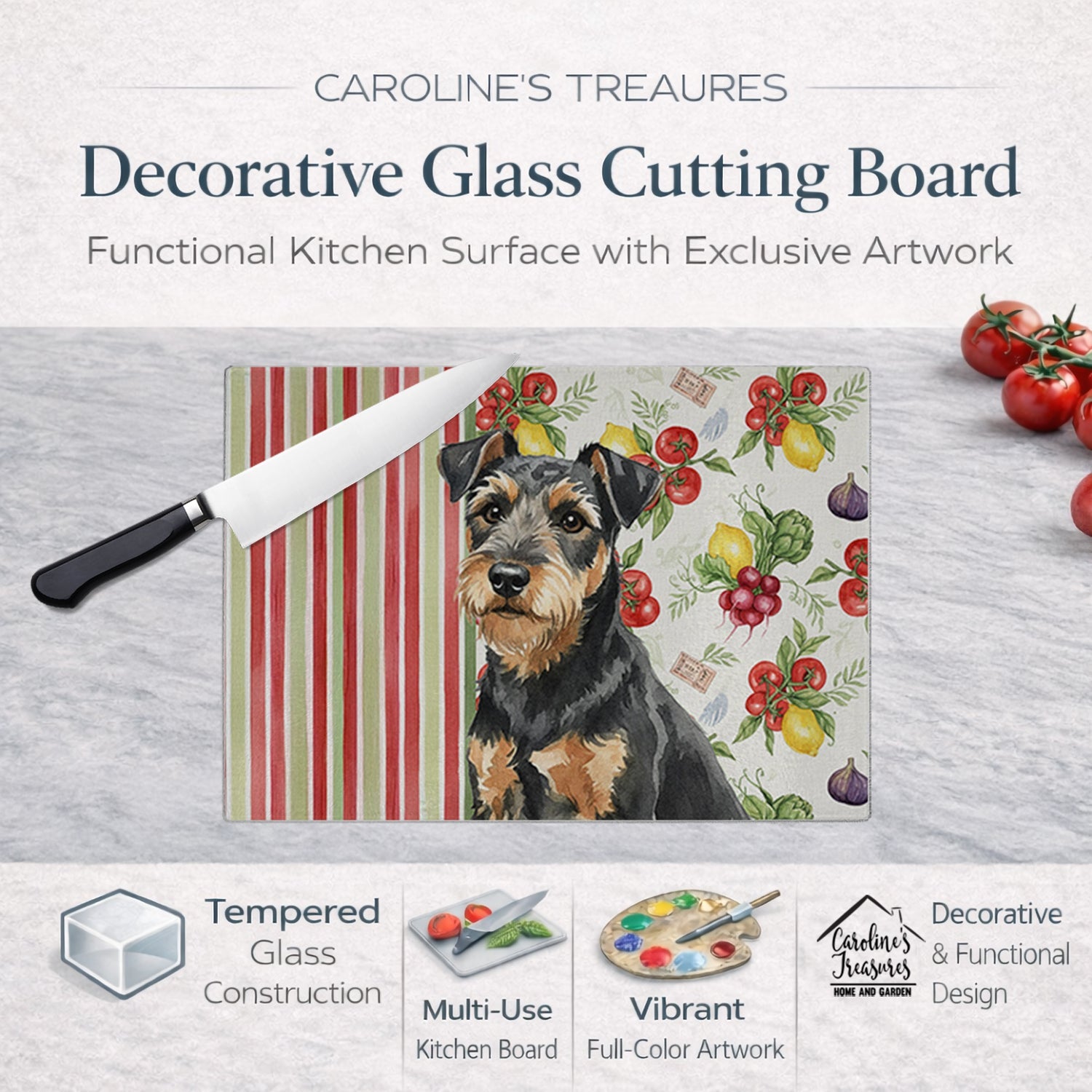 Black and Tan Lakeland Terrier Vegetables Cutting Board Tempered Glass Kitchen Cutting Surface, Heat Resistant Chopping, Non-Slip Feet, Food Prep & Serving