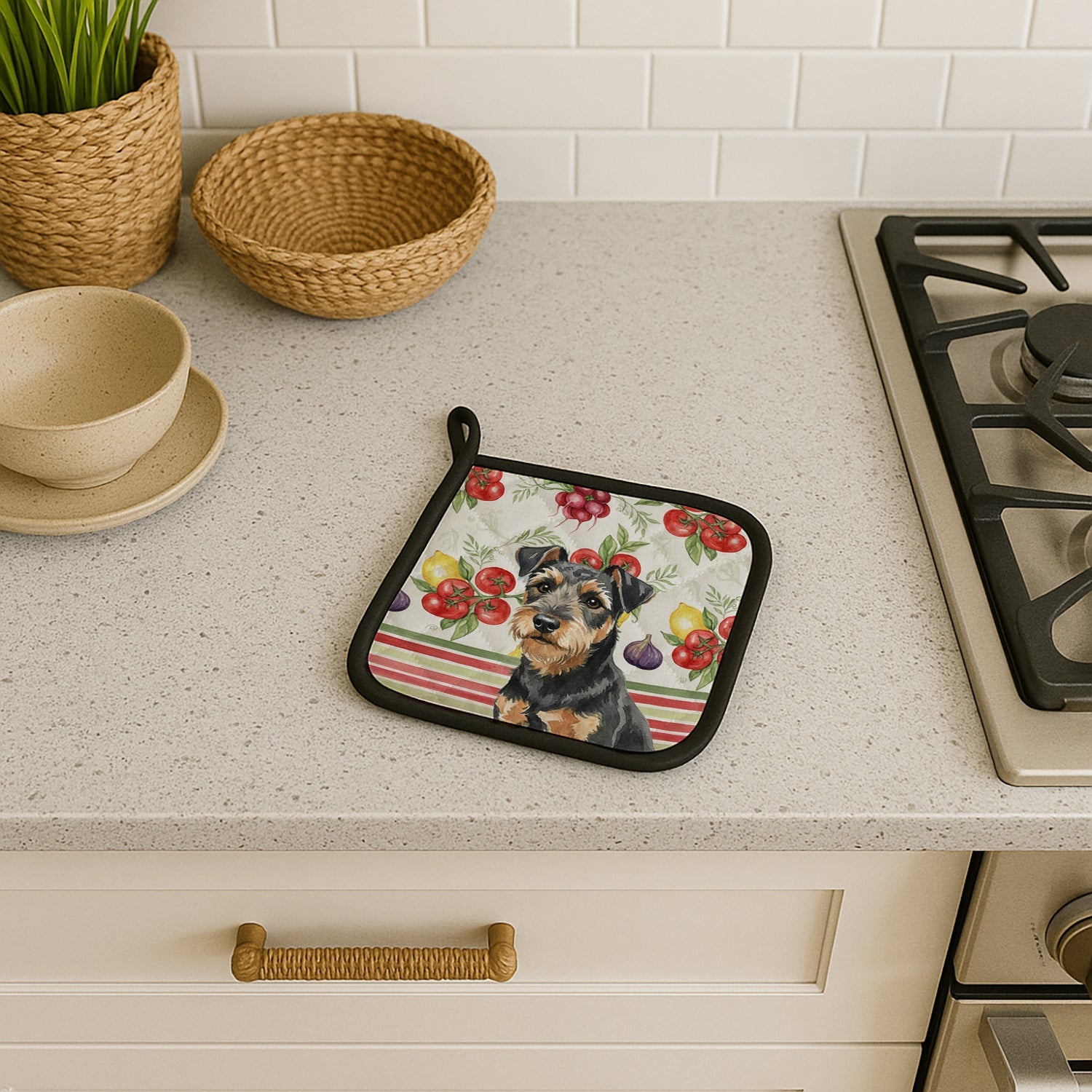 Black and Tan Lakeland Terrier Vegetables Pot Holder Set of 2 Heat Resistant Quilted Hot Pads 7.5 x 7.5 Inch, Insulated Kitchen Trivets for Cooking & Baking