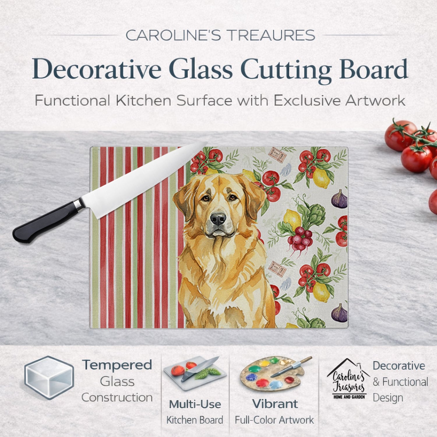 Lion Yellow Leonberger Vegetables Cutting Board Tempered Glass Kitchen Cutting Surface, Heat Resistant Chopping, Non-Slip Feet, Food Prep & Serving