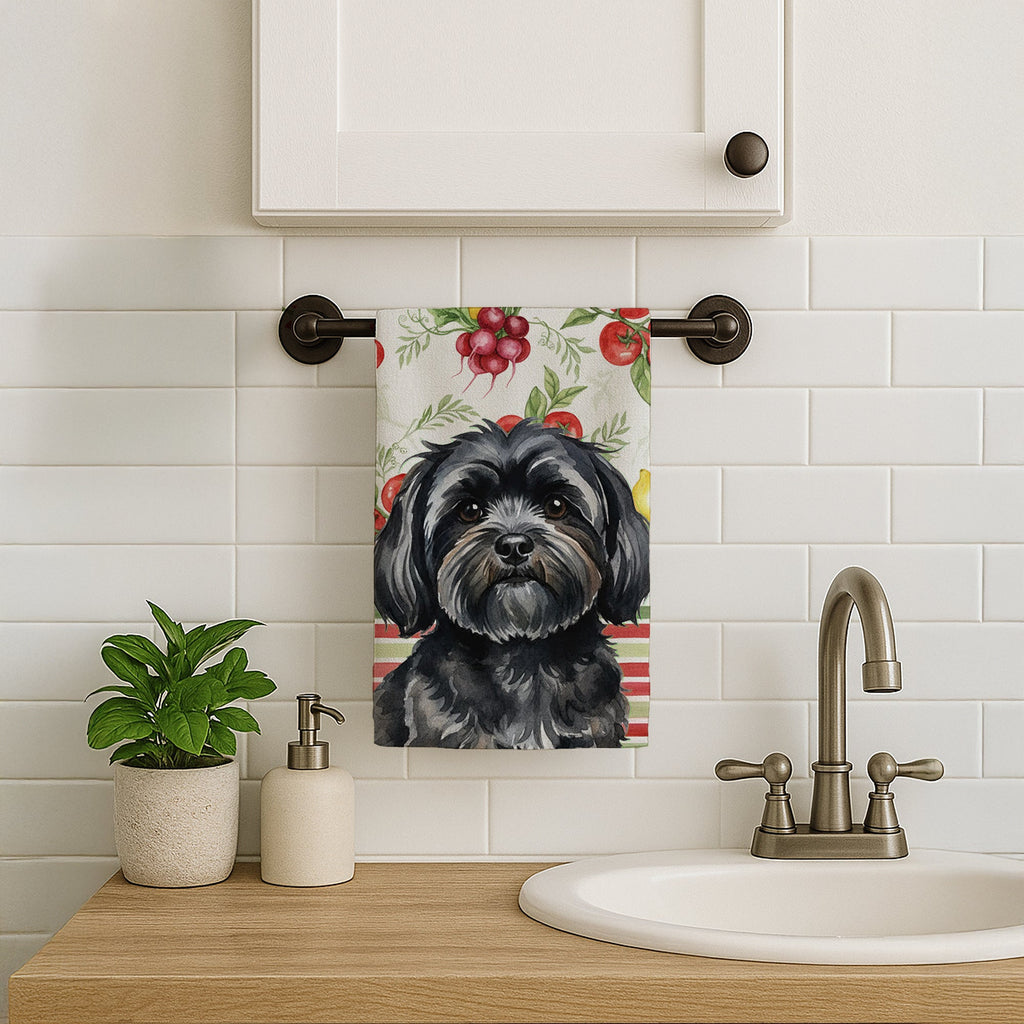Black Lhasa Apso Vegetables Kitchen Towel Velour Plush Front and Cotton Loop Back Machine Washable