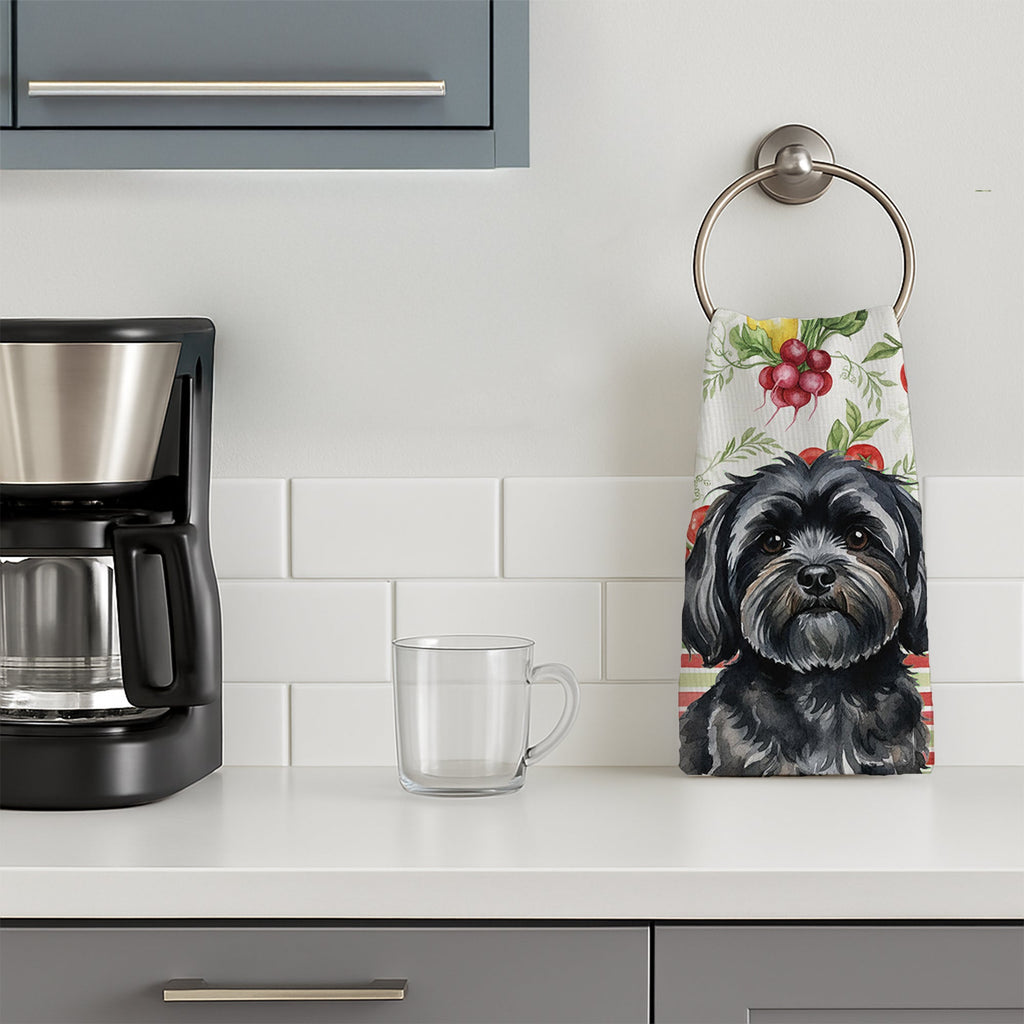 Black Lhasa Apso Vegetables Kitchen Towel Velour Plush Front and Cotton Loop Back Machine Washable