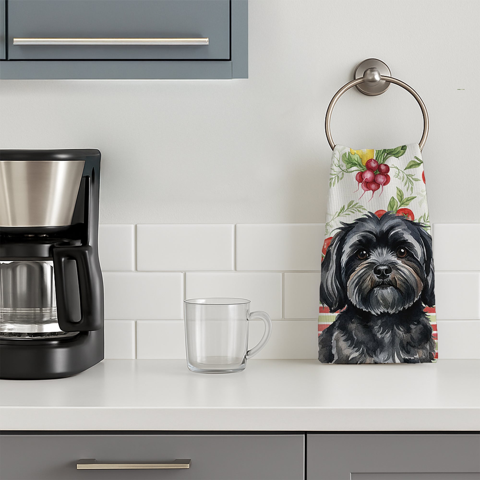 Black Lhasa Apso Vegetables Kitchen Towel Velour Plush Front and Cotton Loop Back Machine Washable