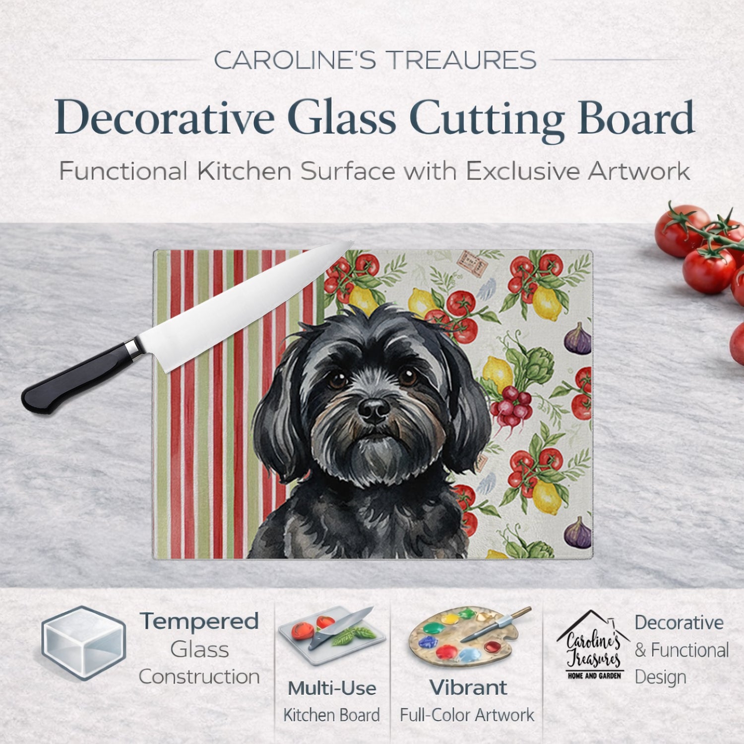 Black Lhasa Apso Vegetables Cutting Board Tempered Glass Kitchen Cutting Surface, Heat Resistant Chopping, Non-Slip Feet, Food Prep & Serving
