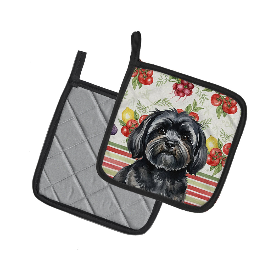 Black Lhasa Apso Vegetables Pot Holder Set of 2 Heat Resistant Quilted Hot Pads 7.5 x 7.5 Inch, Insulated Kitchen Trivets for Cooking & Baking