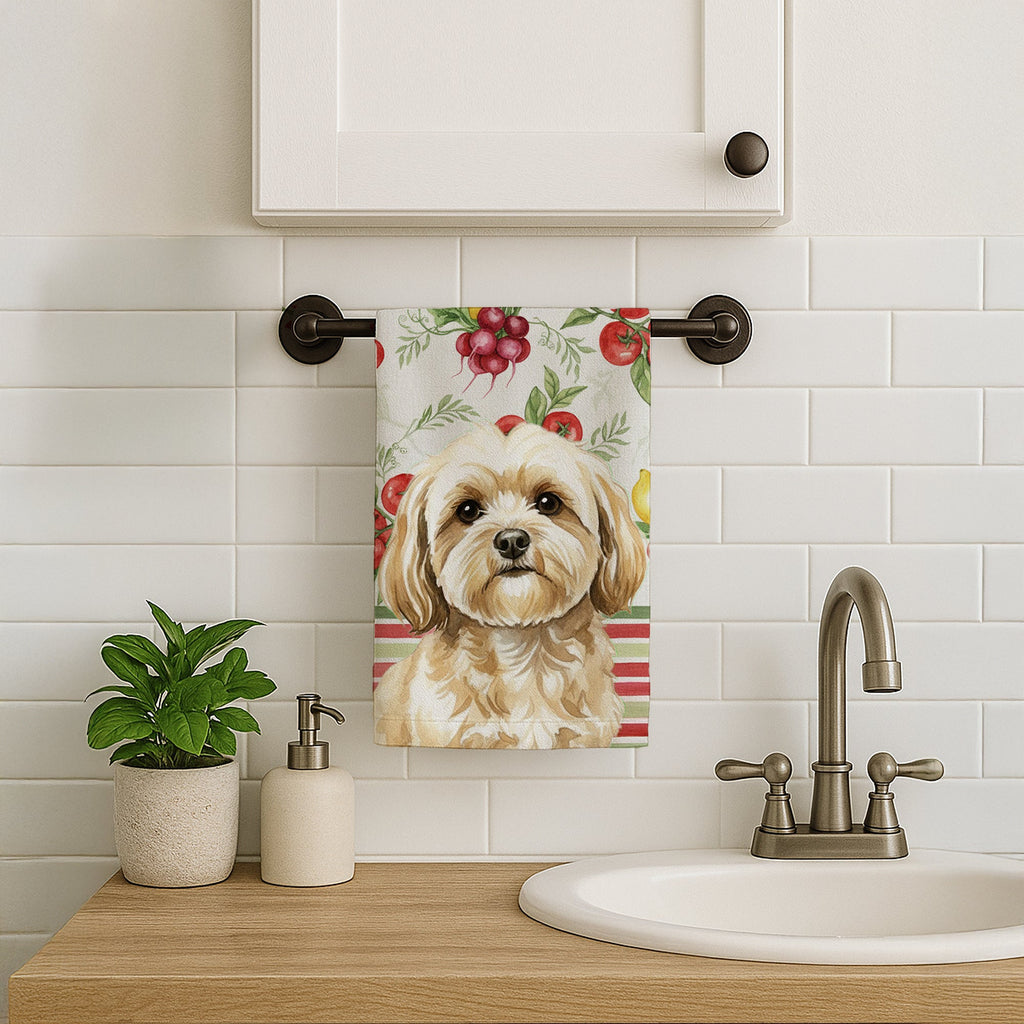 Cream Lhasa Apso Vegetables Kitchen Towel Velour Plush Front and Cotton Loop Back Machine Washable