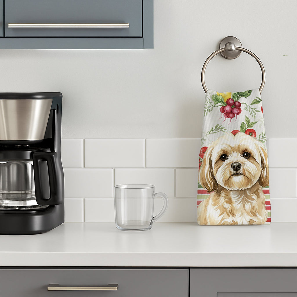 Cream Lhasa Apso Vegetables Kitchen Towel Velour Plush Front and Cotton Loop Back Machine Washable