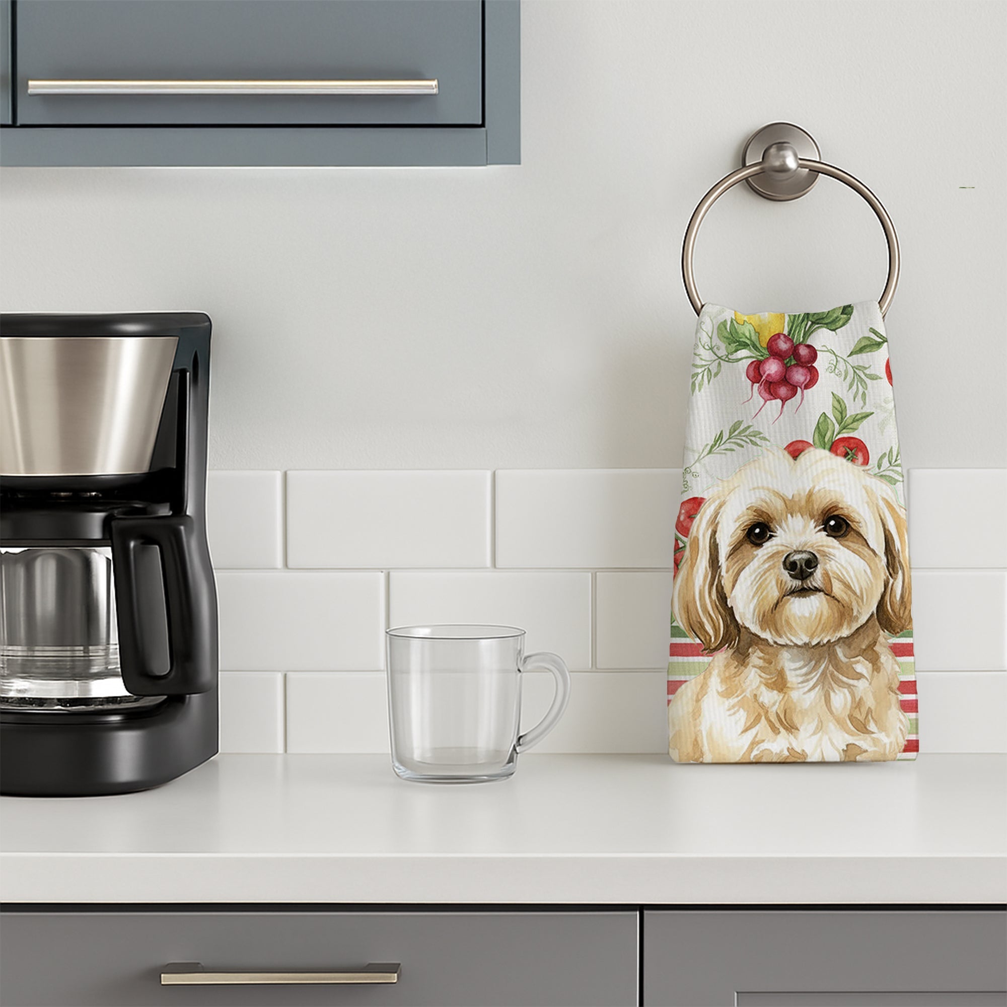 Cream Lhasa Apso Vegetables Kitchen Towel Velour Plush Front and Cotton Loop Back Machine Washable