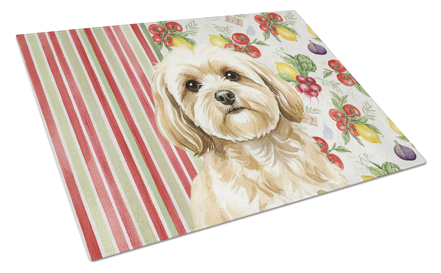 Cream Lhasa Apso Vegetables Cutting Board Tempered Glass Kitchen Cutting Surface, Heat Resistant Chopping, Non-Slip Feet, Food Prep & Serving