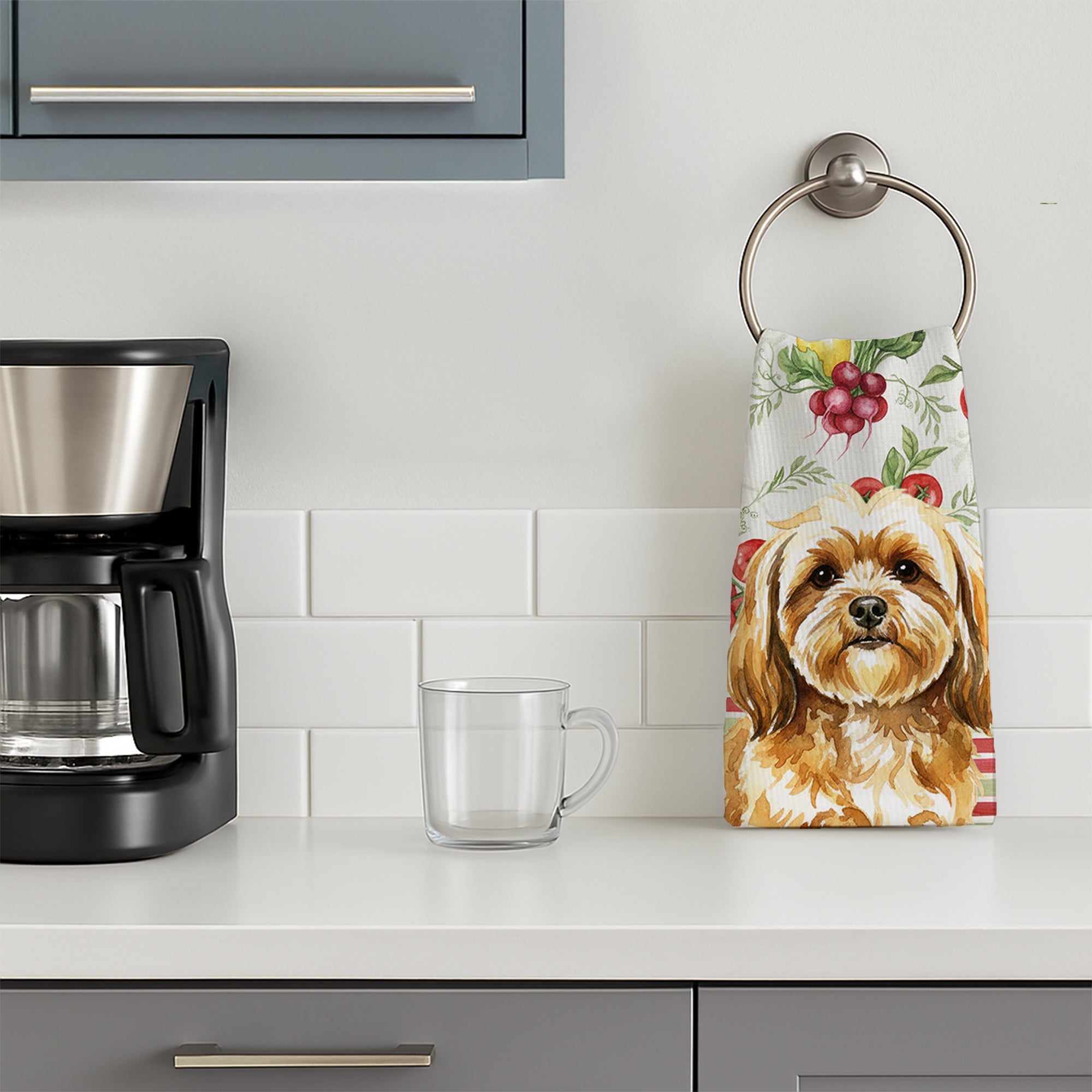Gold Lhasa Apso Vegetables Kitchen Towel Velour Plush Front and Cotton Loop Back Machine Washable
