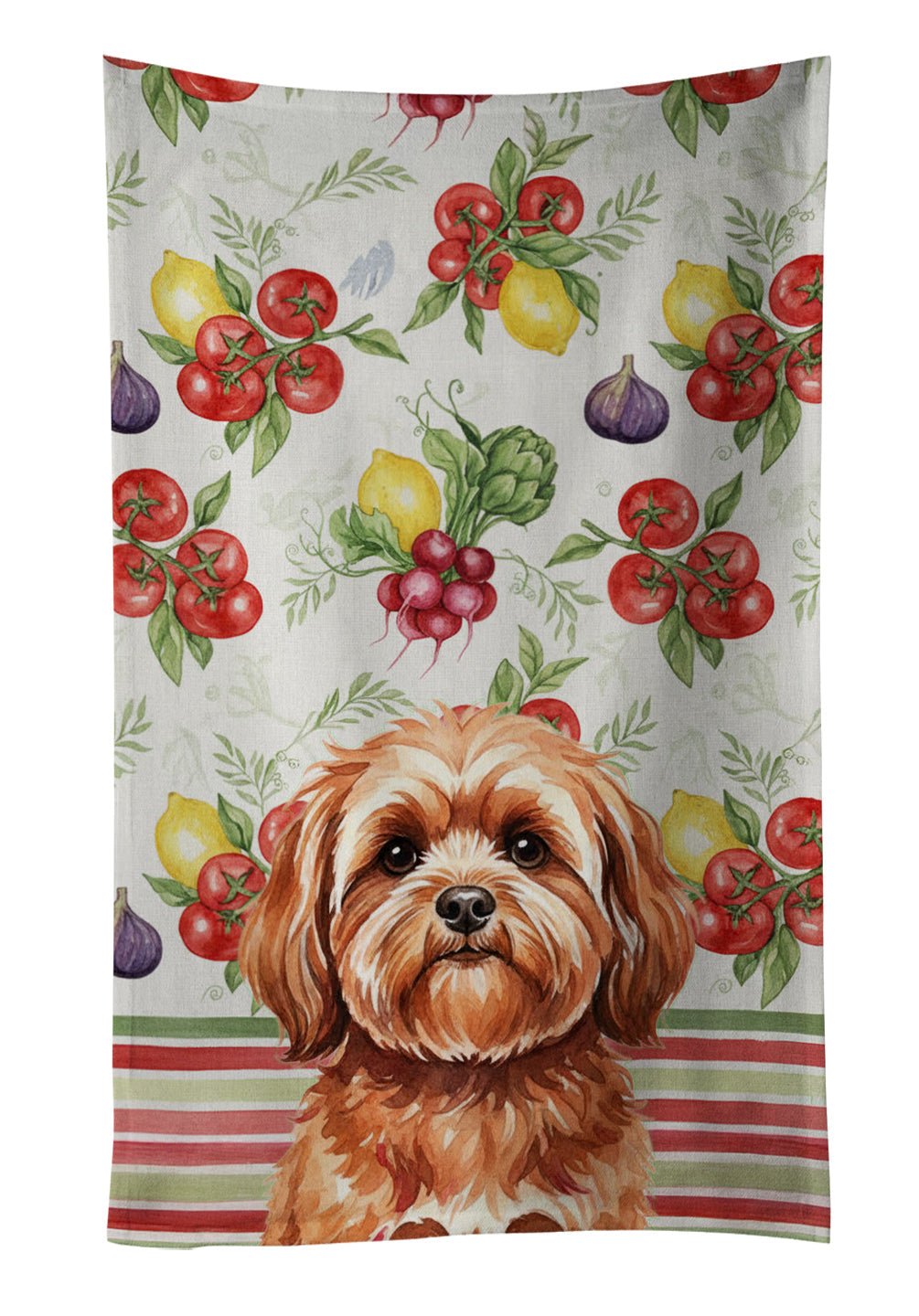 Red Lhasa Apso Vegetables Kitchen Towel Velour Plush Front and Cotton Loop Back Machine Washable