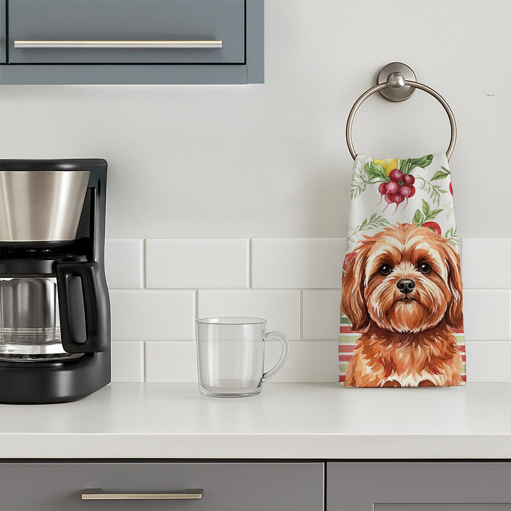 Red Lhasa Apso Vegetables Kitchen Towel Velour Plush Front and Cotton Loop Back Machine Washable
