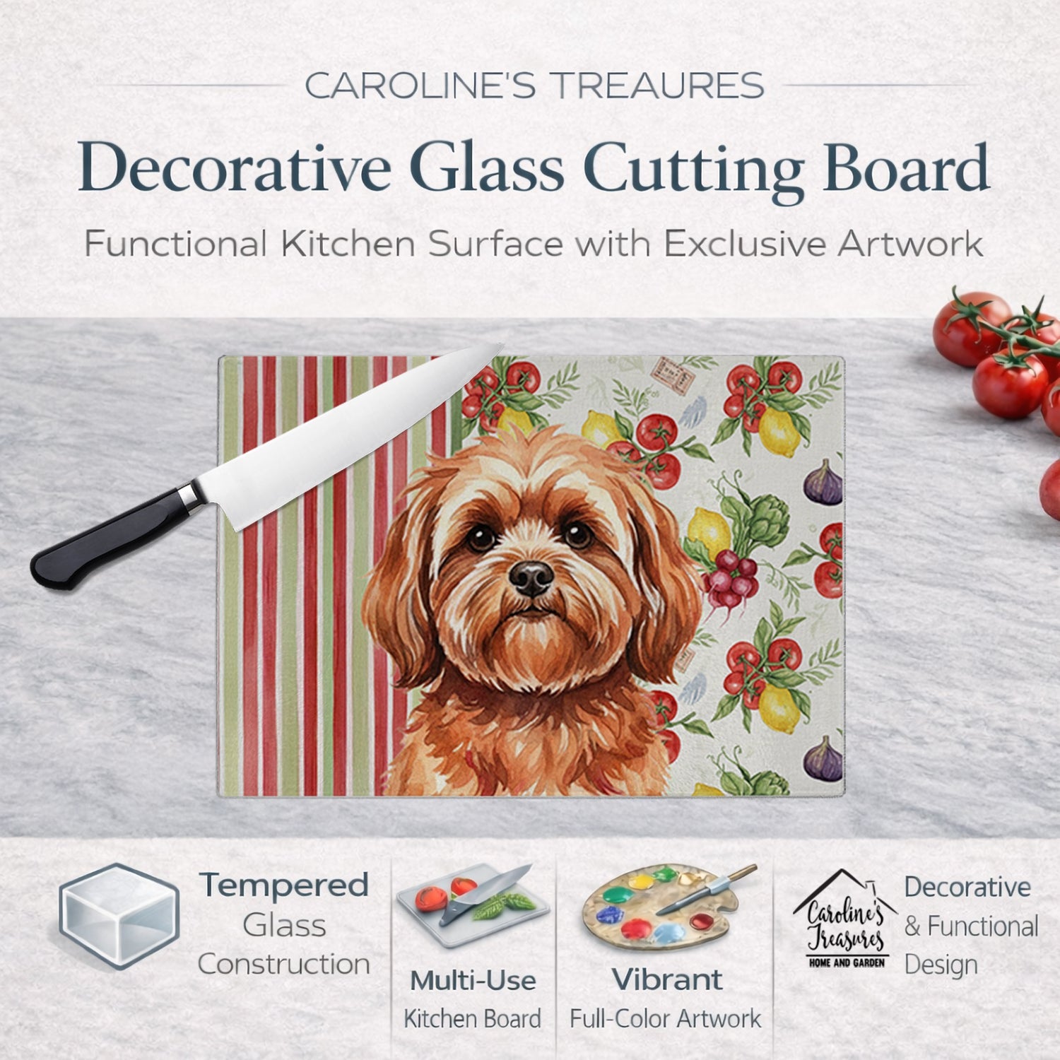 Red Lhasa Apso Vegetables Cutting Board Tempered Glass Kitchen Cutting Surface, Heat Resistant Chopping, Non-Slip Feet, Food Prep & Serving