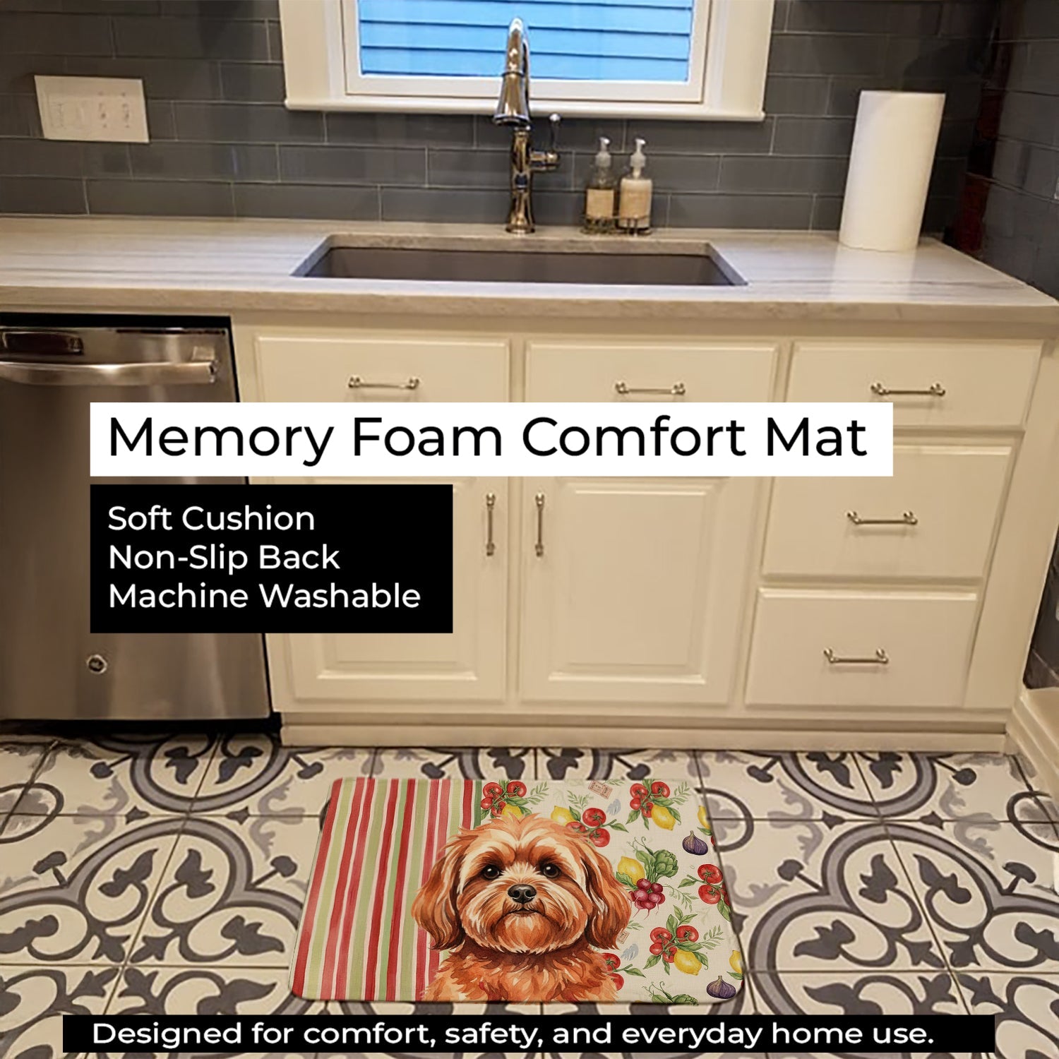 Red Lhasa Apso Vegetables Memory Foam Kitchen Mat Machine Washable Anti-Fatigue Cushion Comfort Bath or Kitchen Rug