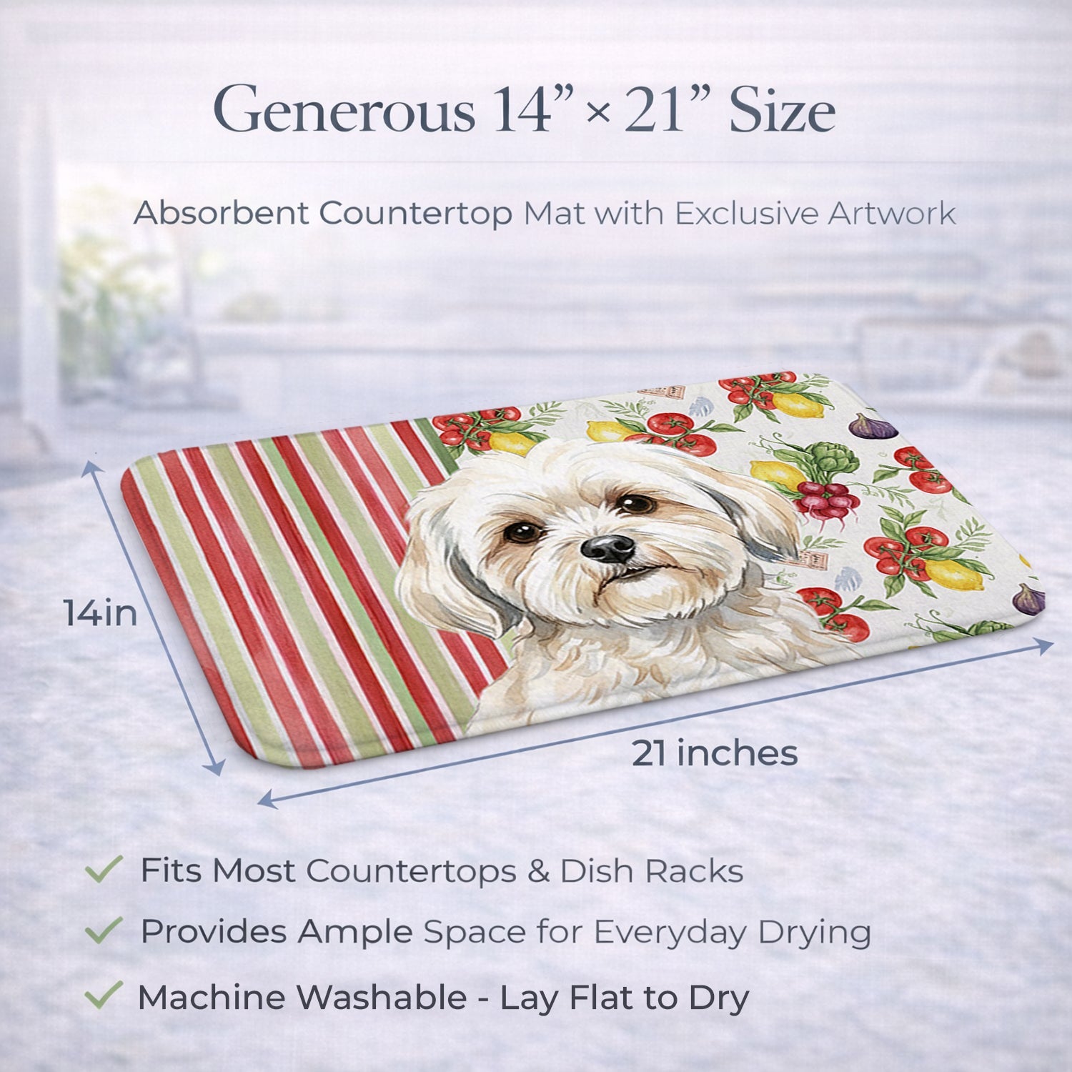 White Lhasa Apso Vegetables Dish Drying Mat Absorbent Dish Drying Mat Pad for Kitchen Counter Dish Drainer Mat for Countertop, 14 x 21", Multicolor