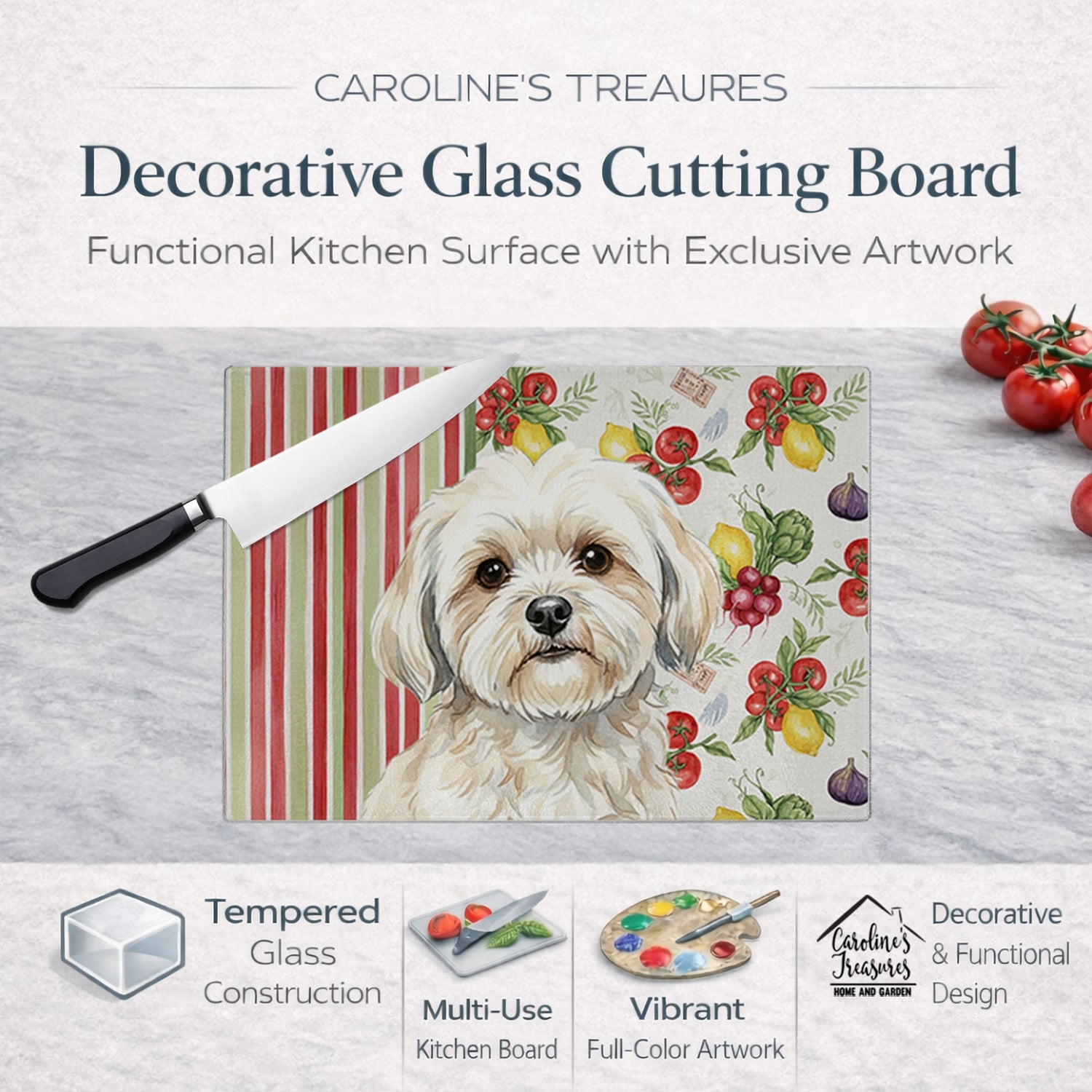 White Lhasa Apso Vegetables Cutting Board Tempered Glass Kitchen Cutting Surface, Heat Resistant Chopping, Non-Slip Feet, Food Prep & Serving