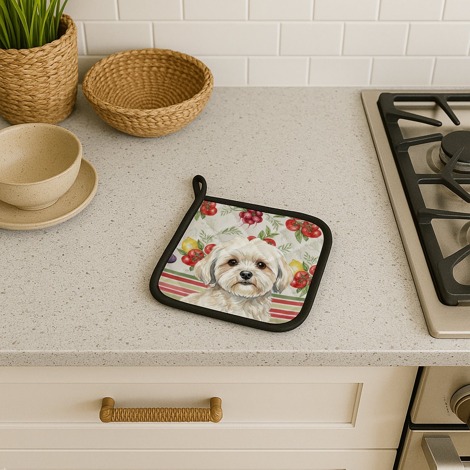White Lhasa Apso Vegetables Pot Holder Set of 2 Heat Resistant Quilted Hot Pads 7.5 x 7.5 Inch, Insulated Kitchen Trivets for Cooking & Baking