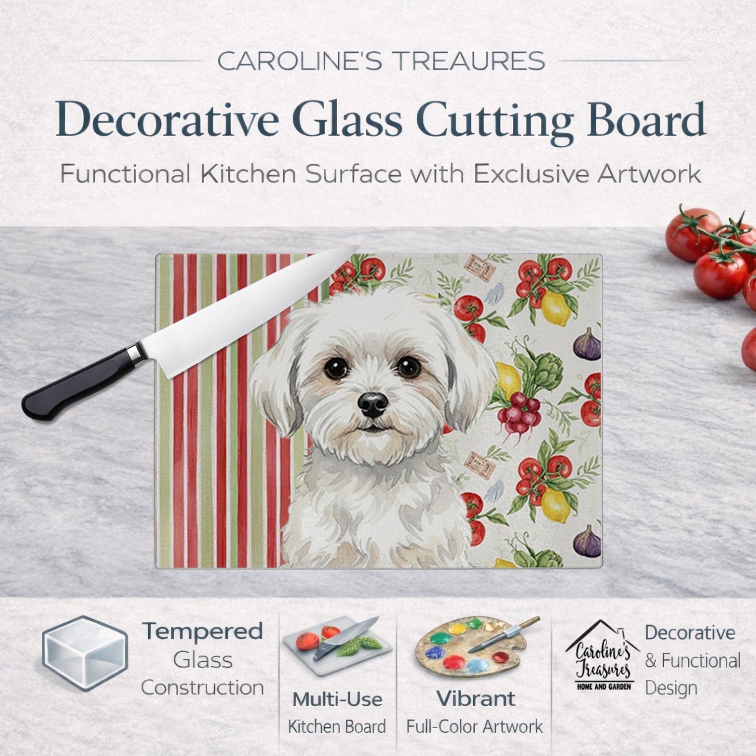 Maltese Vegetables Cutting Board Tempered Glass Kitchen Cutting Surface, Heat Resistant Chopping, Non-Slip Feet, Food Prep & Serving