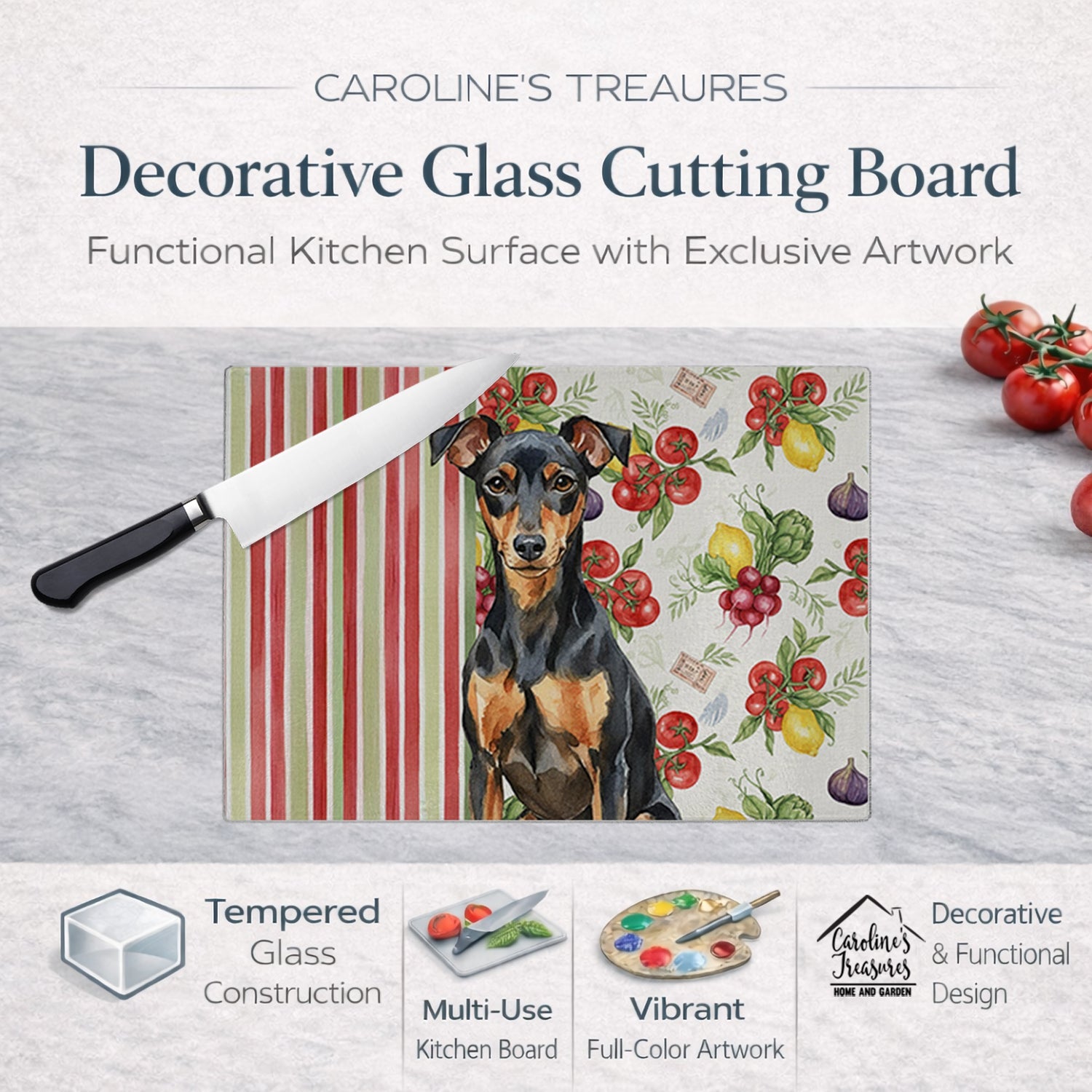 Manchester Terrier Vegetables Cutting Board Tempered Glass Kitchen Cutting Surface, Heat Resistant Chopping, Non-Slip Feet, Food Prep & Serving