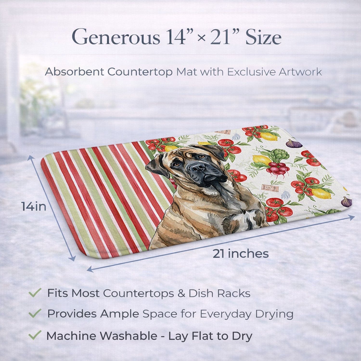 Brindle Mastiff Vegetables Dish Drying Mat Absorbent Dish Drying Mat Pad for Kitchen Counter Dish Drainer Mat for Countertop, 14 x 21", Multicolor