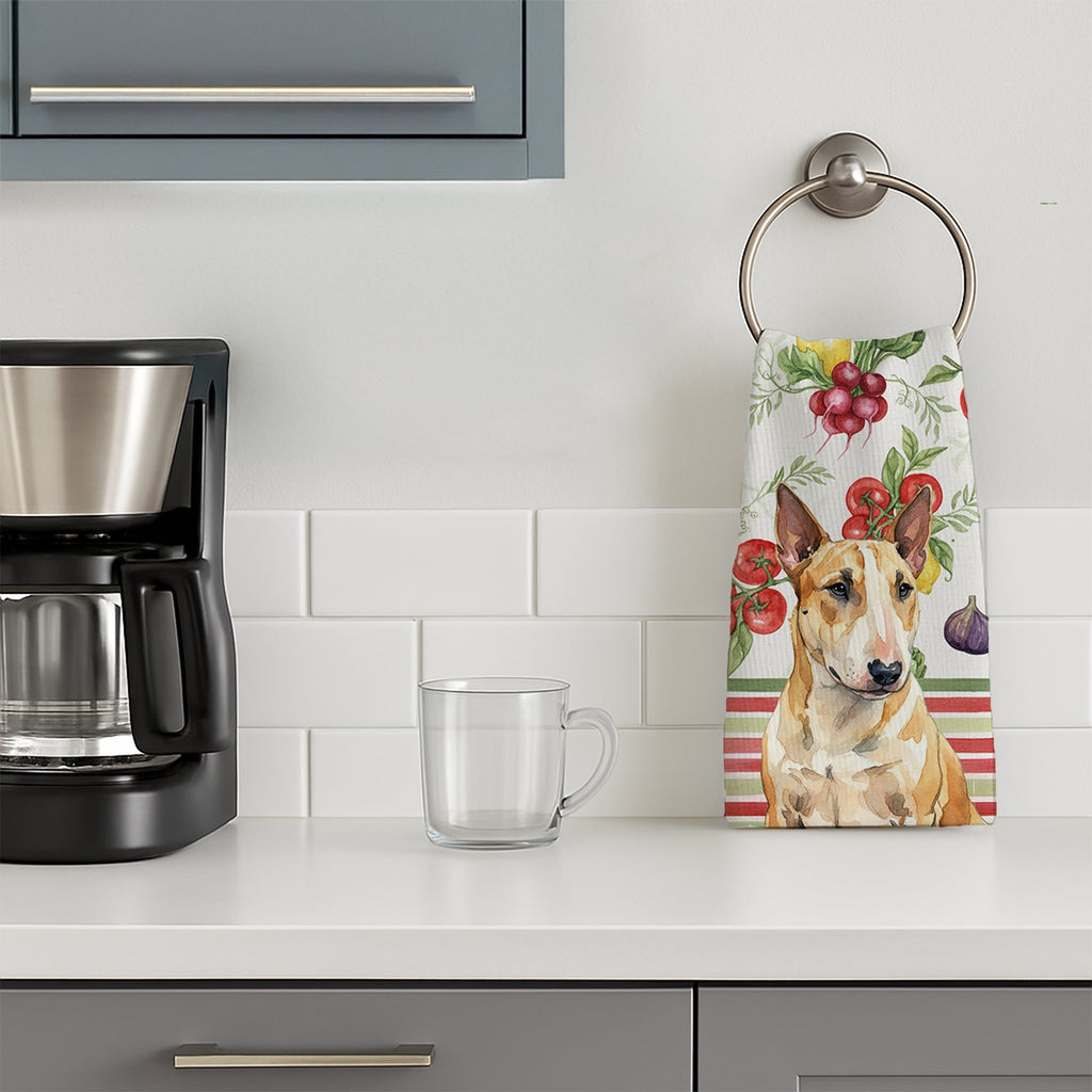 Miniature Bull Terrier Vegetables Kitchen Towel Velour Plush Front and Cotton Loop Back Machine Washable