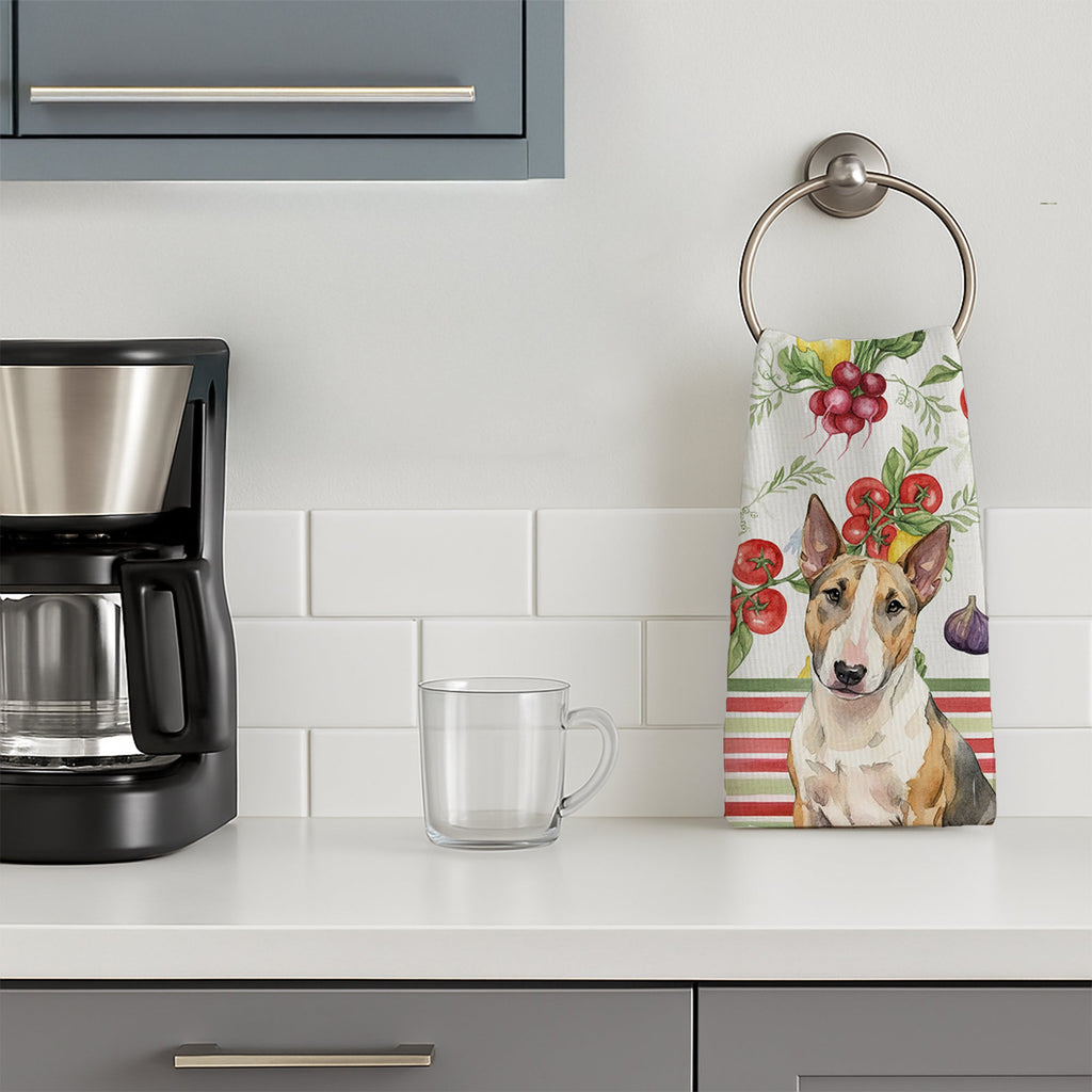Tricolor Miniature Bull Terrier Vegetables Kitchen Towel Velour Plush Front and Cotton Loop Back Machine Washable