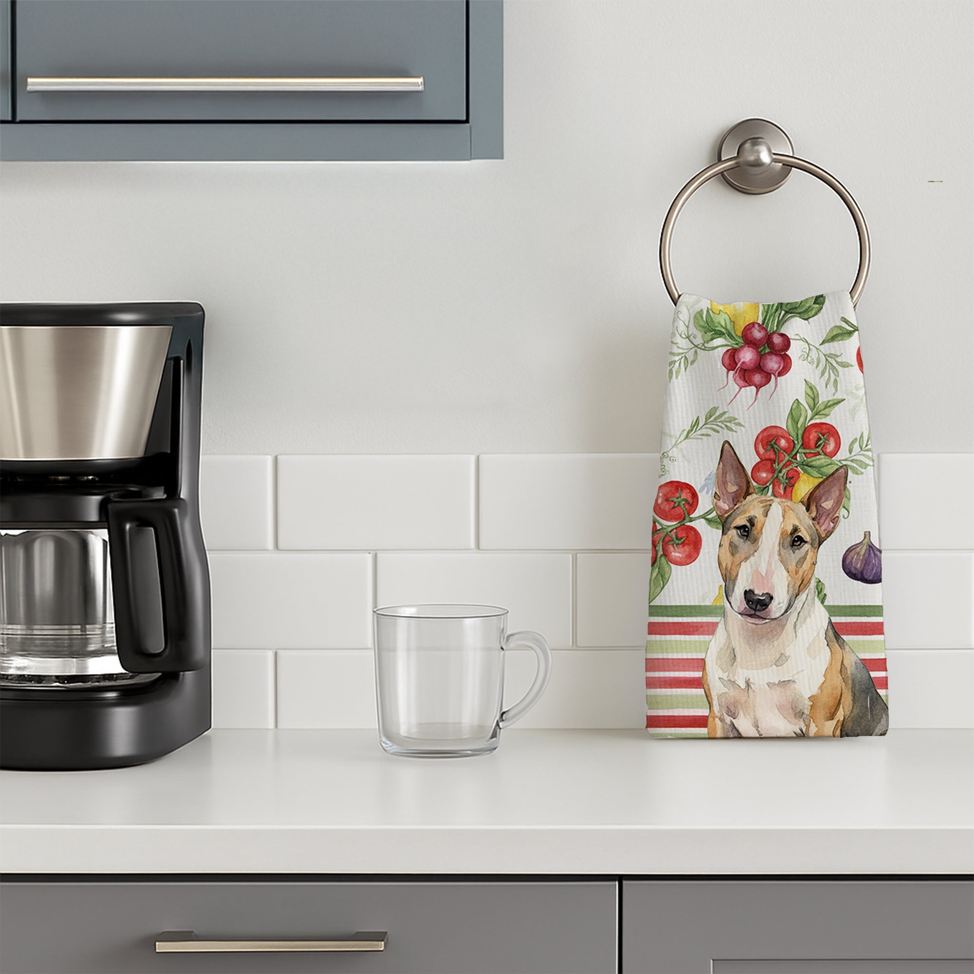 Tricolor Miniature Bull Terrier Vegetables Kitchen Towel Velour Plush Front and Cotton Loop Back Machine Washable