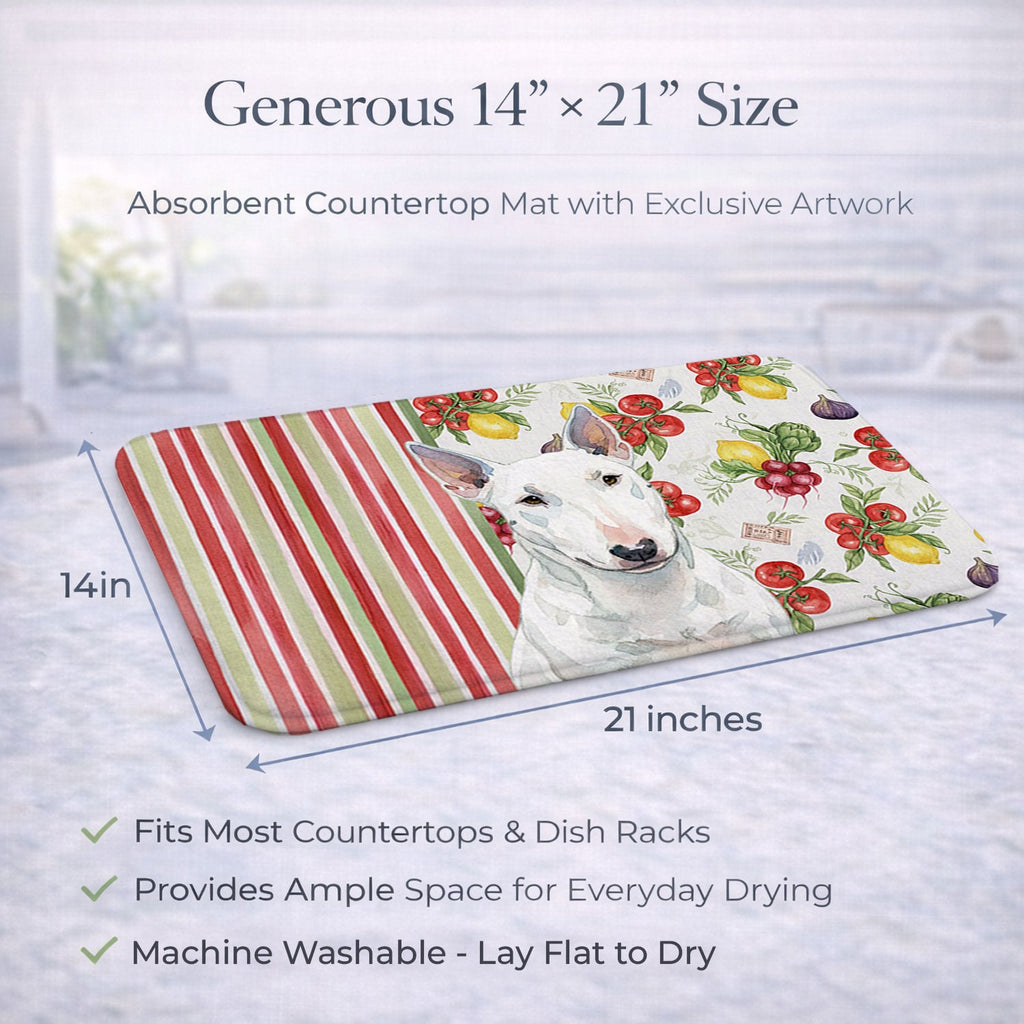 White Miniature Bull Terrier Vegetables Dish Drying Mat Absorbent Dish Drying Mat Pad for Kitchen Counter Dish Drainer Mat for Countertop, 14 x 21", Multicolor