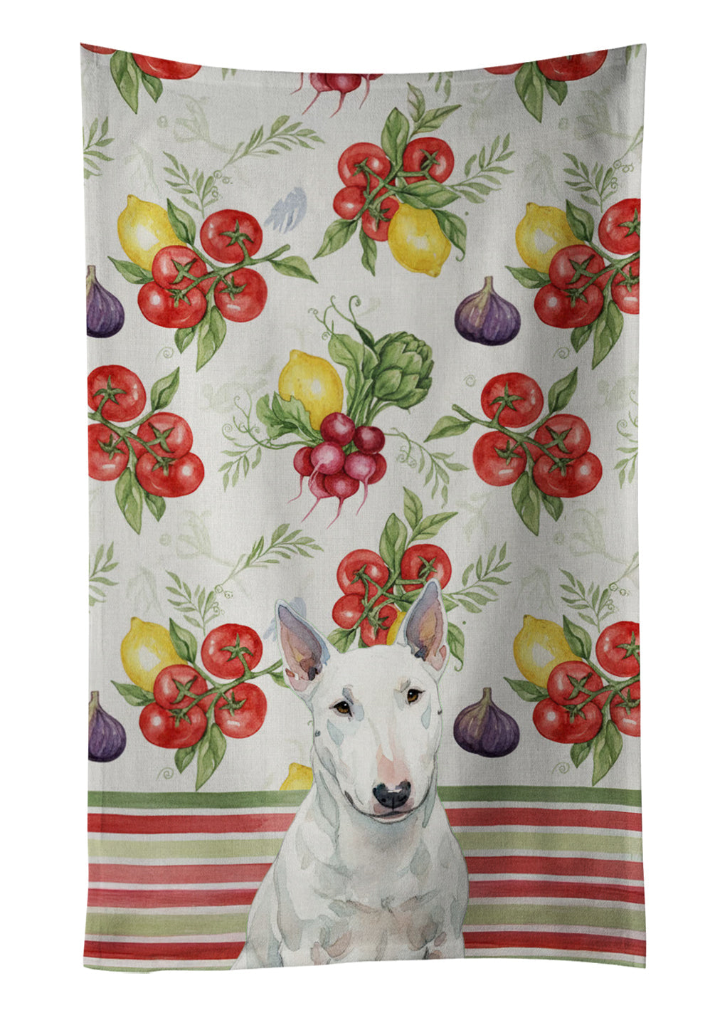 White Miniature Bull Terrier Vegetables Kitchen Towel Velour Plush Front and Cotton Loop Back Machine Washable