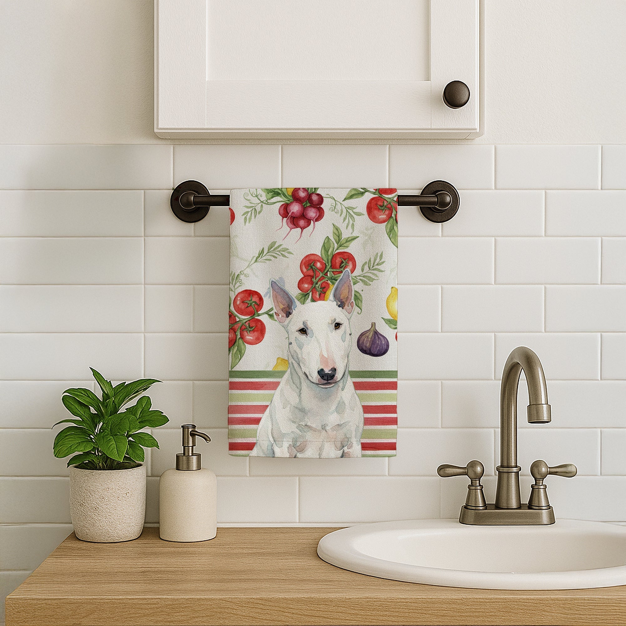 White Miniature Bull Terrier Vegetables Kitchen Towel Velour Plush Front and Cotton Loop Back Machine Washable