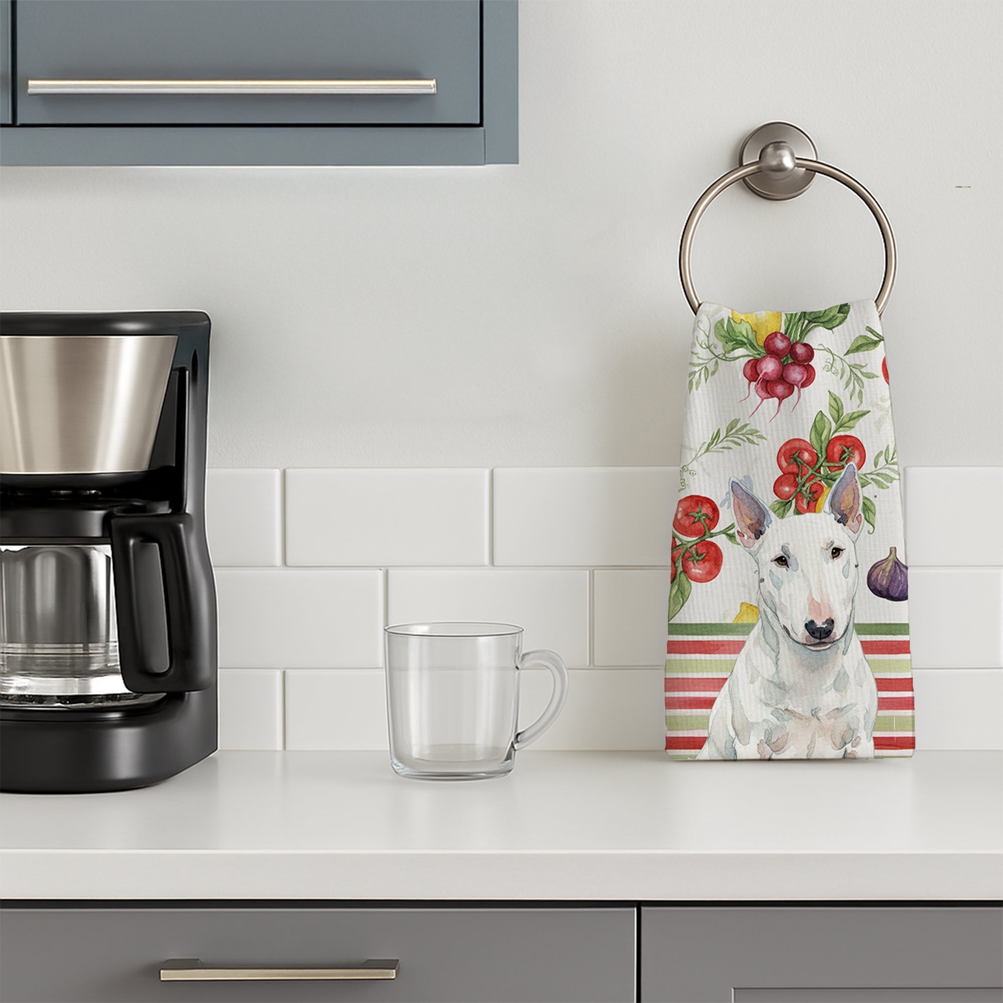 White Miniature Bull Terrier Vegetables Kitchen Towel Velour Plush Front and Cotton Loop Back Machine Washable