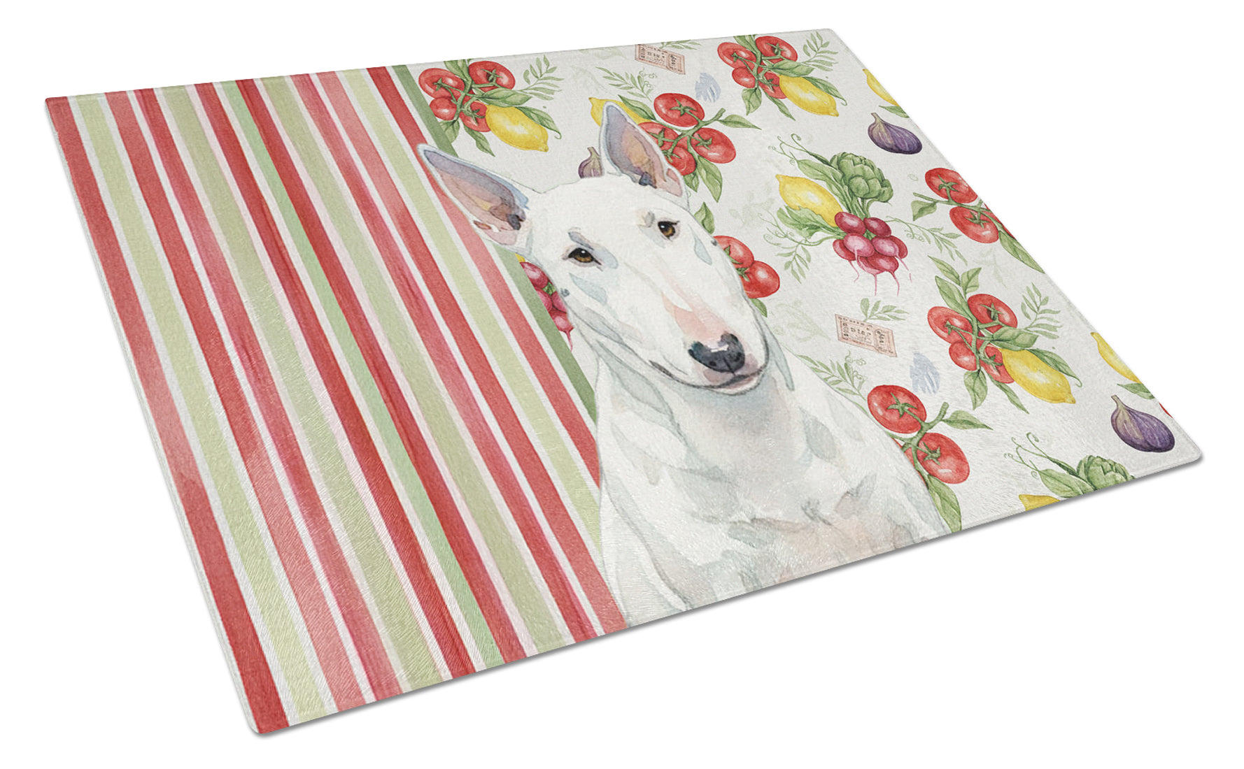 White Miniature Bull Terrier Vegetables Cutting Board Tempered Glass Kitchen Cutting Surface, Heat Resistant Chopping, Non-Slip Feet, Food Prep & Serving