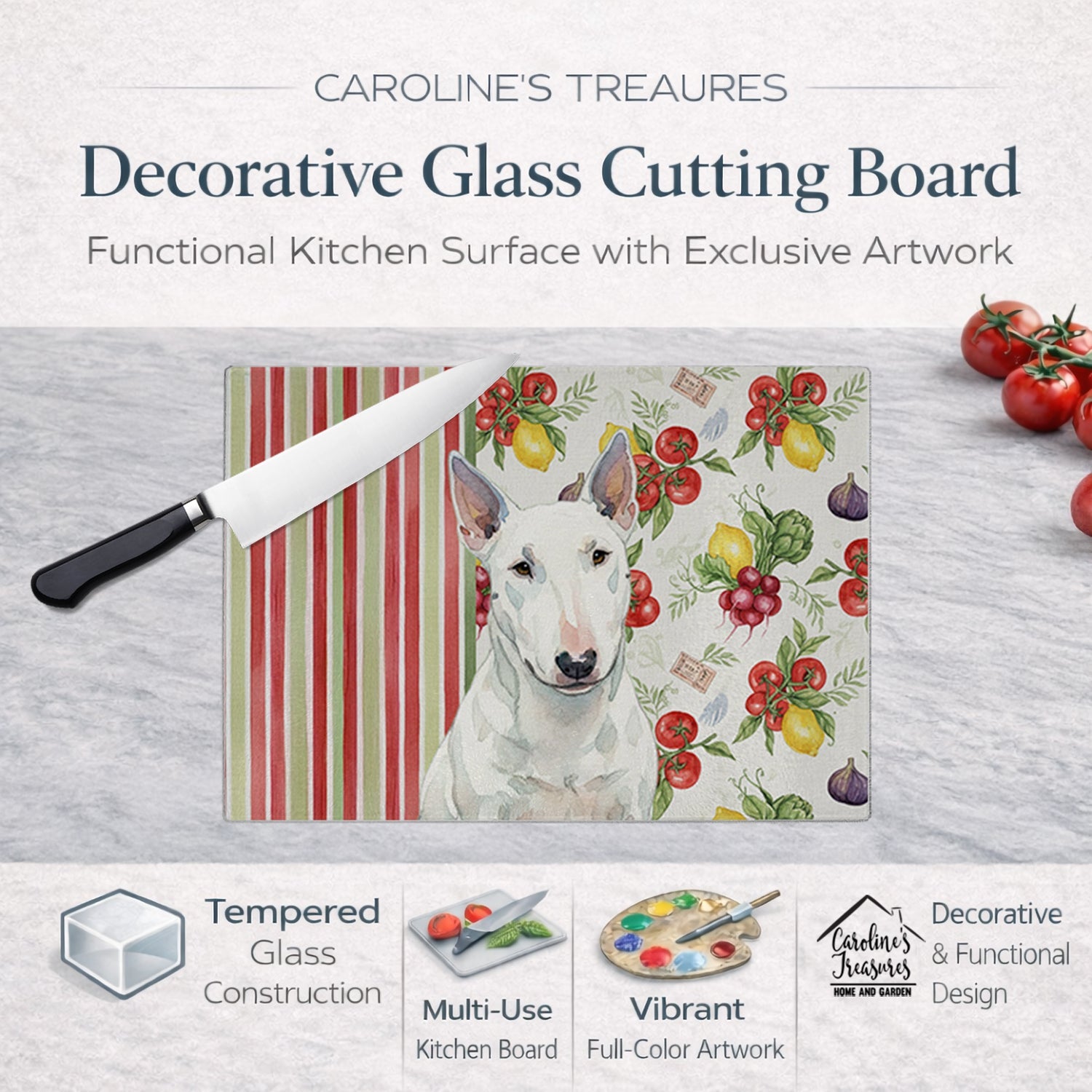 White Miniature Bull Terrier Vegetables Cutting Board Tempered Glass Kitchen Cutting Surface, Heat Resistant Chopping, Non-Slip Feet, Food Prep & Serving