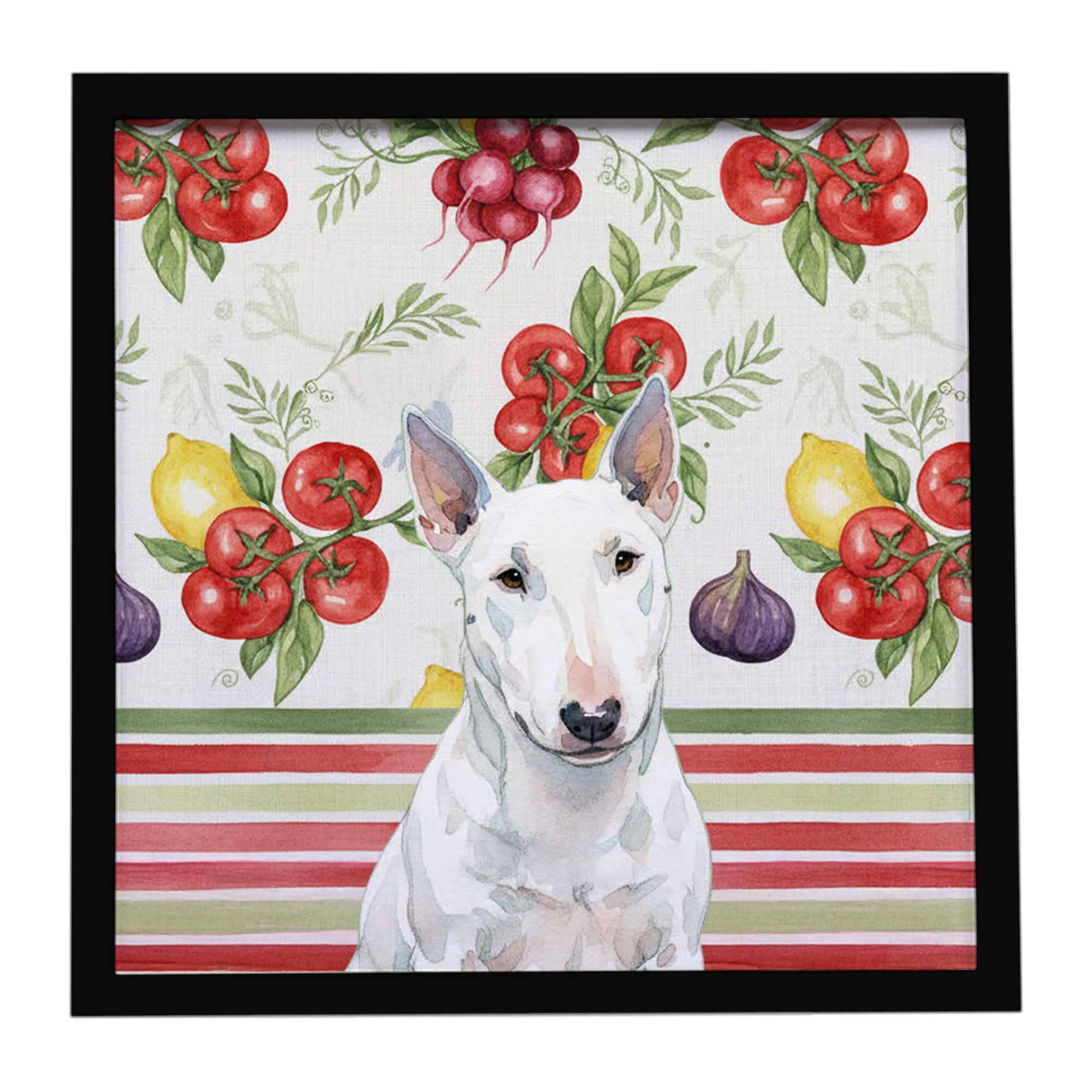 White Miniature Bull Terrier Vegetables Framed Metal Print Bathroom, Kitchen, Office, Home Decor Wall Art Ready to Hang, Square, 8X8