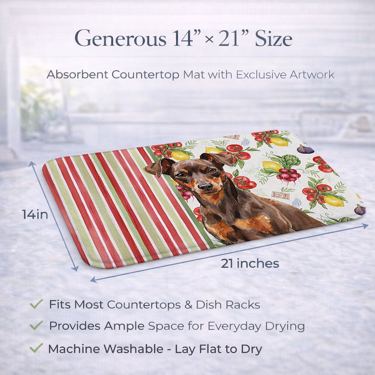 Chocolate and Rust Miniature Pinscher Min Pin Vegetables Dish Drying Mat Absorbent Dish Drying Mat Pad for Kitchen Counter Dish Drainer Mat for Countertop, 14 x 21", Multicolor