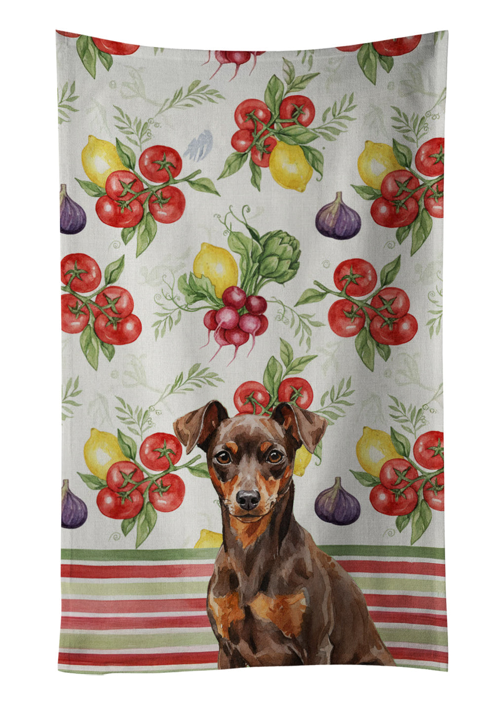Chocolate and Rust Miniature Pinscher Min Pin Vegetables Kitchen Towel Velour Plush Front and Cotton Loop Back Machine Washable