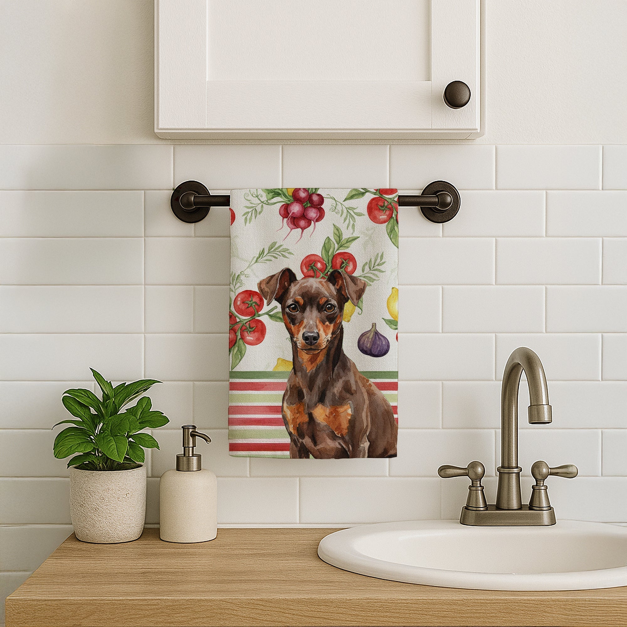 Chocolate and Rust Miniature Pinscher Min Pin Vegetables Kitchen Towel Velour Plush Front and Cotton Loop Back Machine Washable