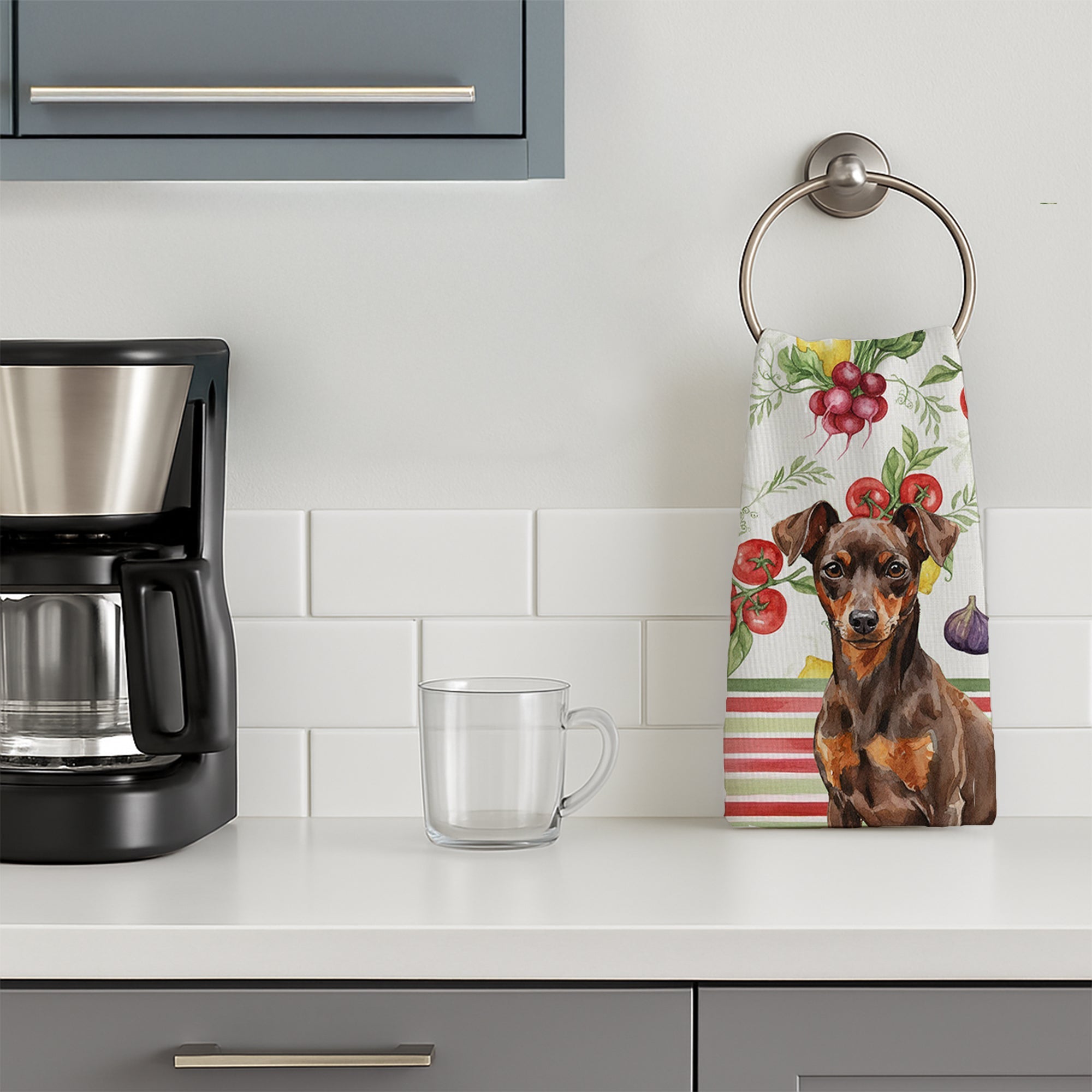 Chocolate and Rust Miniature Pinscher Min Pin Vegetables Kitchen Towel Velour Plush Front and Cotton Loop Back Machine Washable