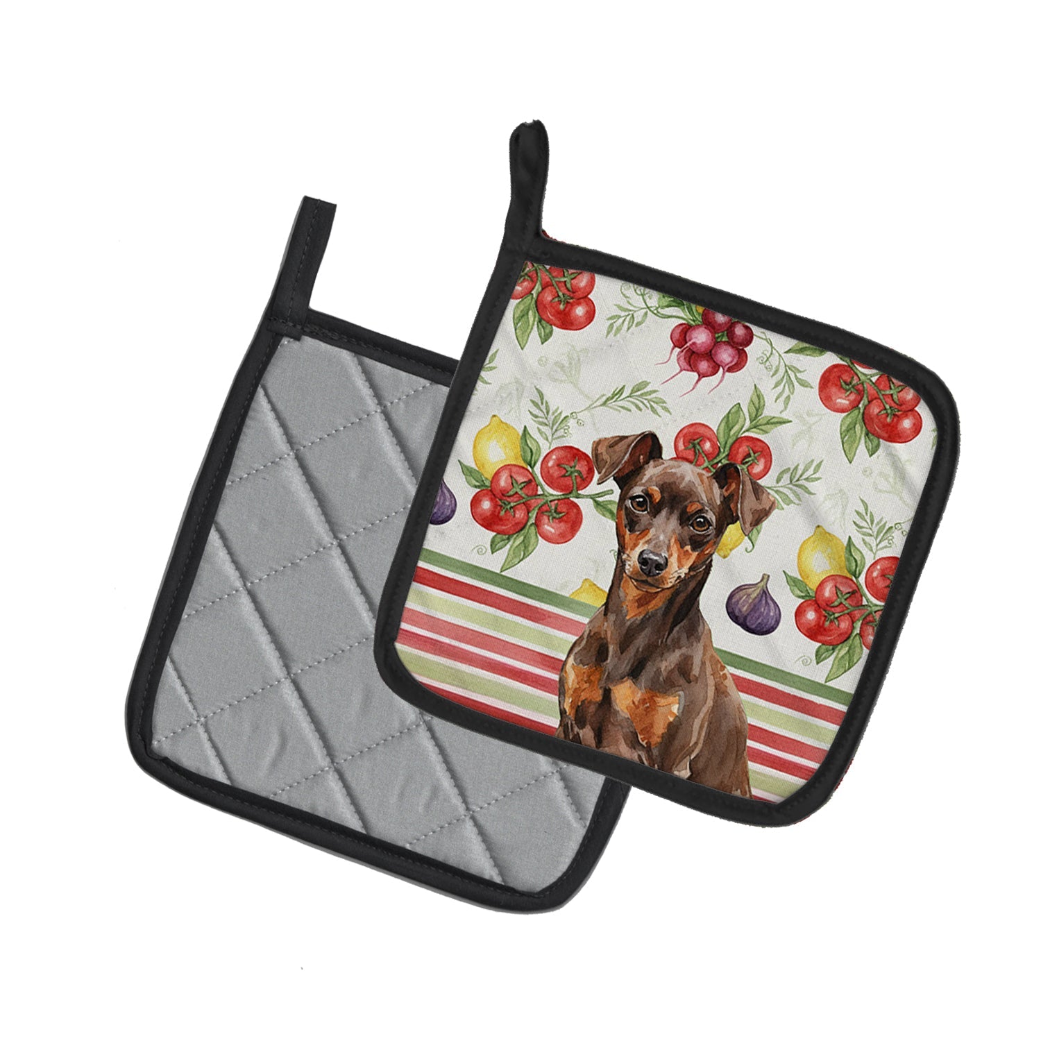 Chocolate and Rust Miniature Pinscher Min Pin Vegetables Pot Holder Set of 2 Heat Resistant Quilted Hot Pads 7.5 x 7.5 Inch, Insulated Kitchen Trivets for Cooking & Baking